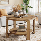 30" Solid Wood Coffee Table, Round Small Center Table with 2-Tier Storage 3