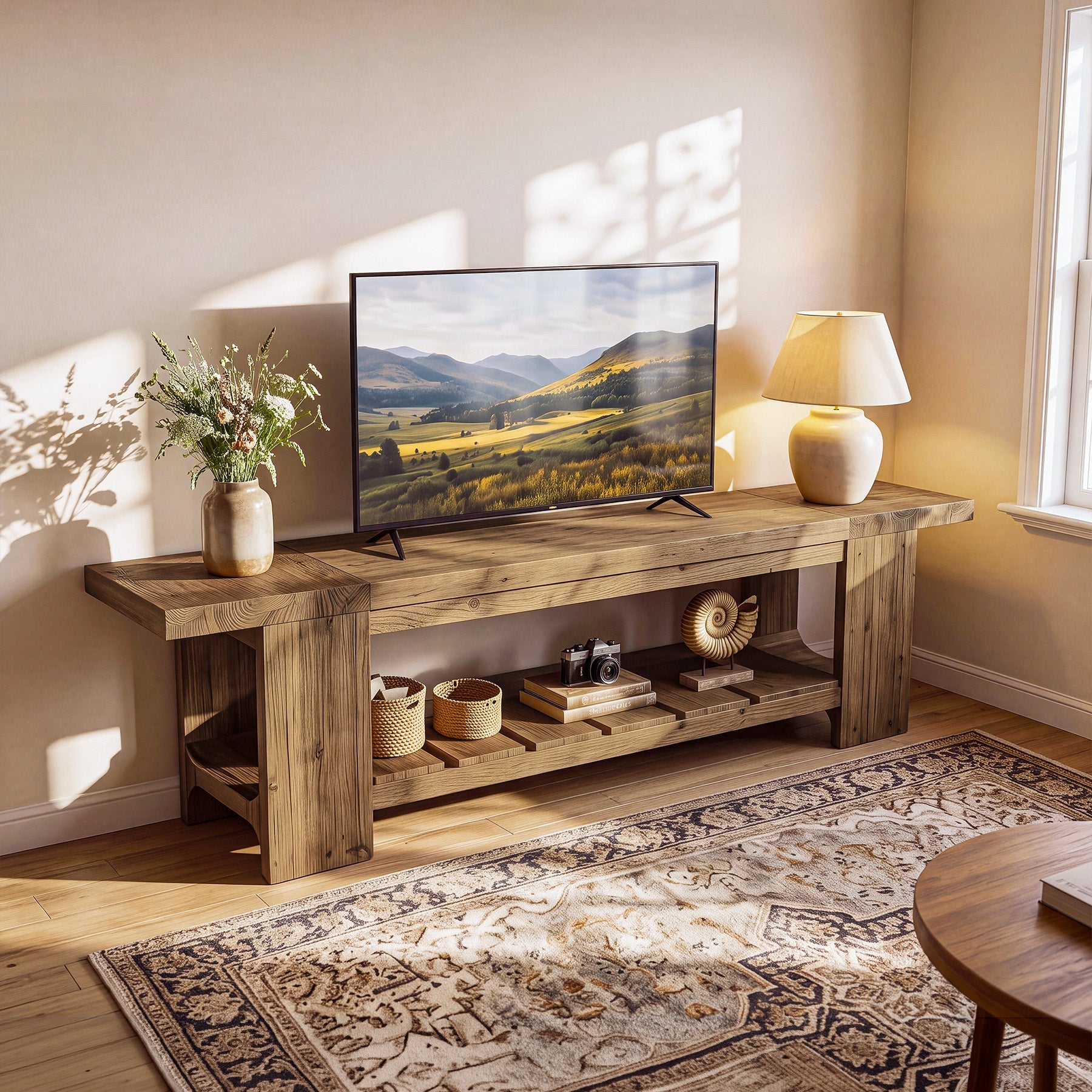70.9" Solid Wood  TV Stand, Media Console with with Lower Storage Shelf for Living Room