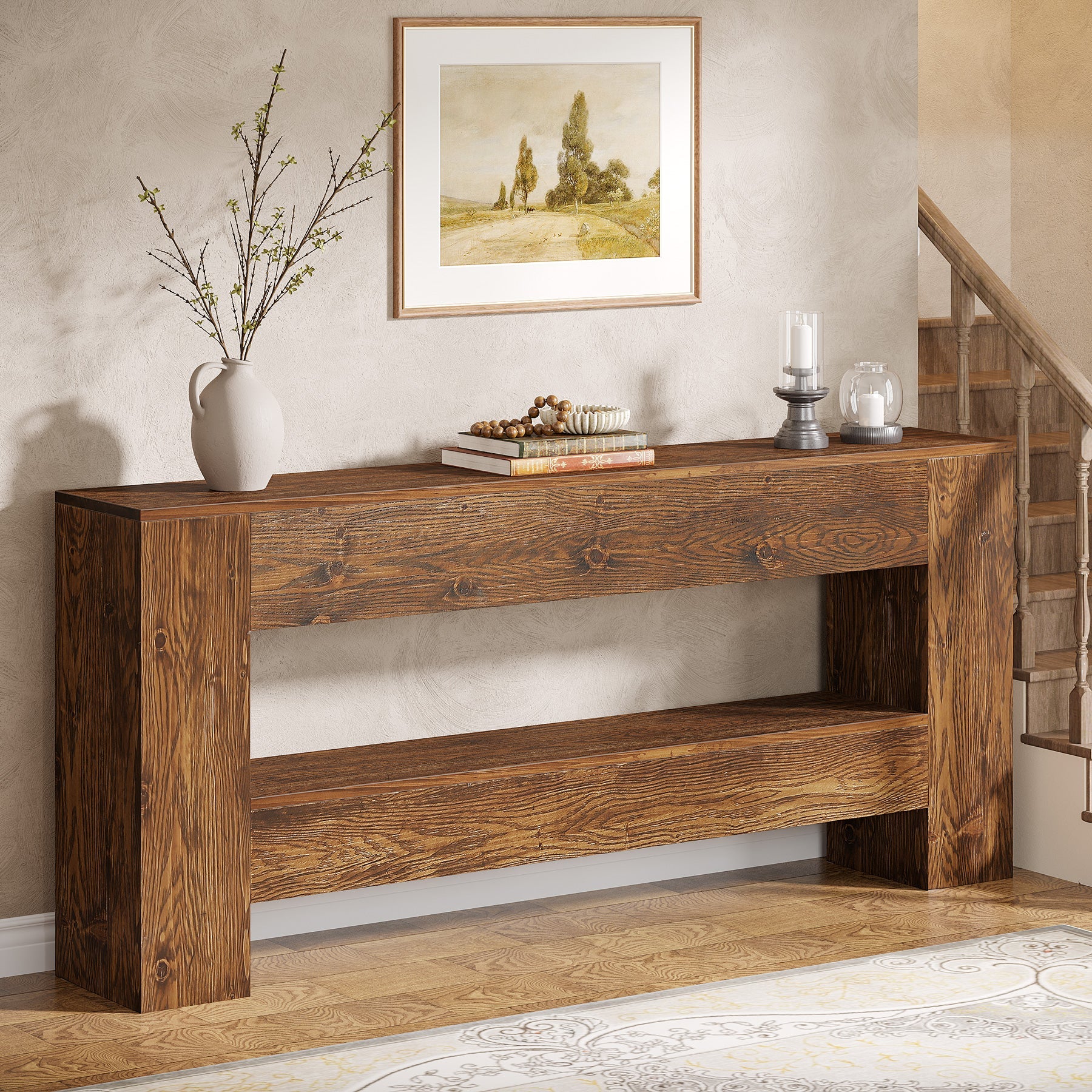 Solid Wood Console Table, 63" Farmhouse Entryway Table with 2-Tier Storage Shelf