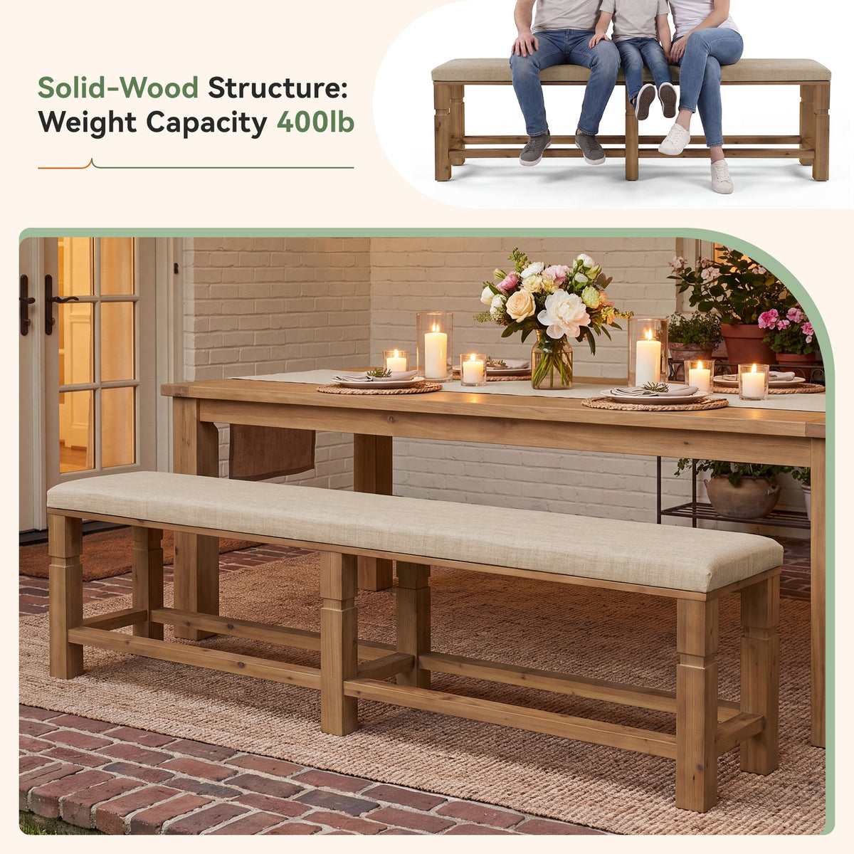 70.87" Upholstered Solid Wood Dining Bench with Linen Fabric Cushion