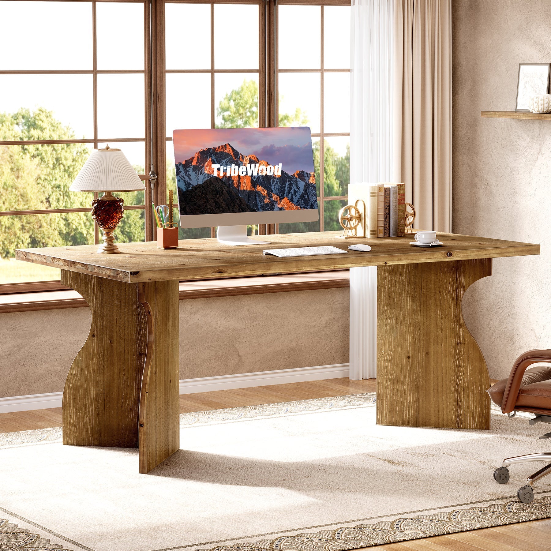 Solid Wood Executive Desk, 63" Office Computer Desk with V-Shaped Legs