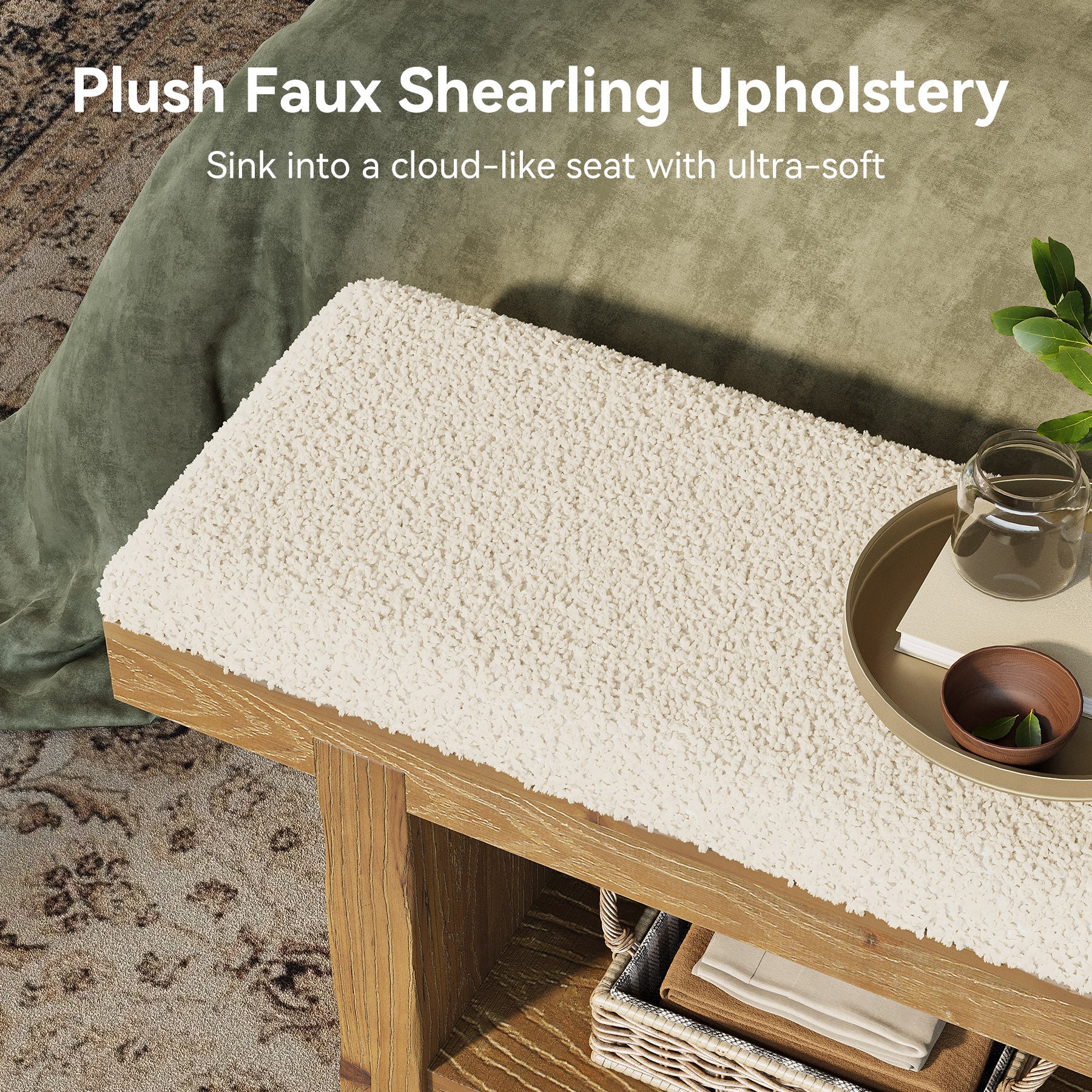 47.2" Solid Wood Farmhouse Bench, Upholstered Storage for Entryway