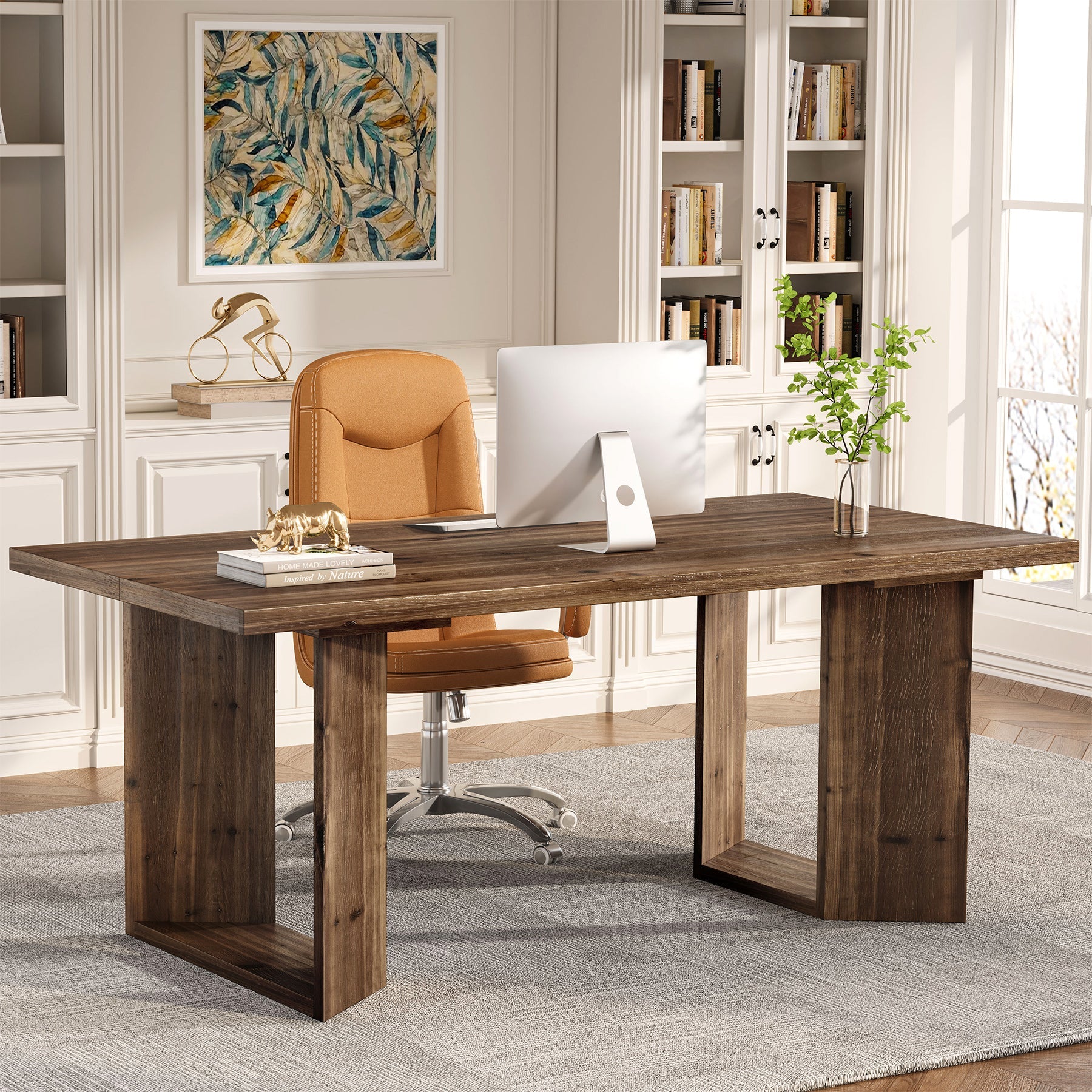 63" Solid Wood Executive Desk, Rectangular Office Computer Desk with U-Shaped Frames