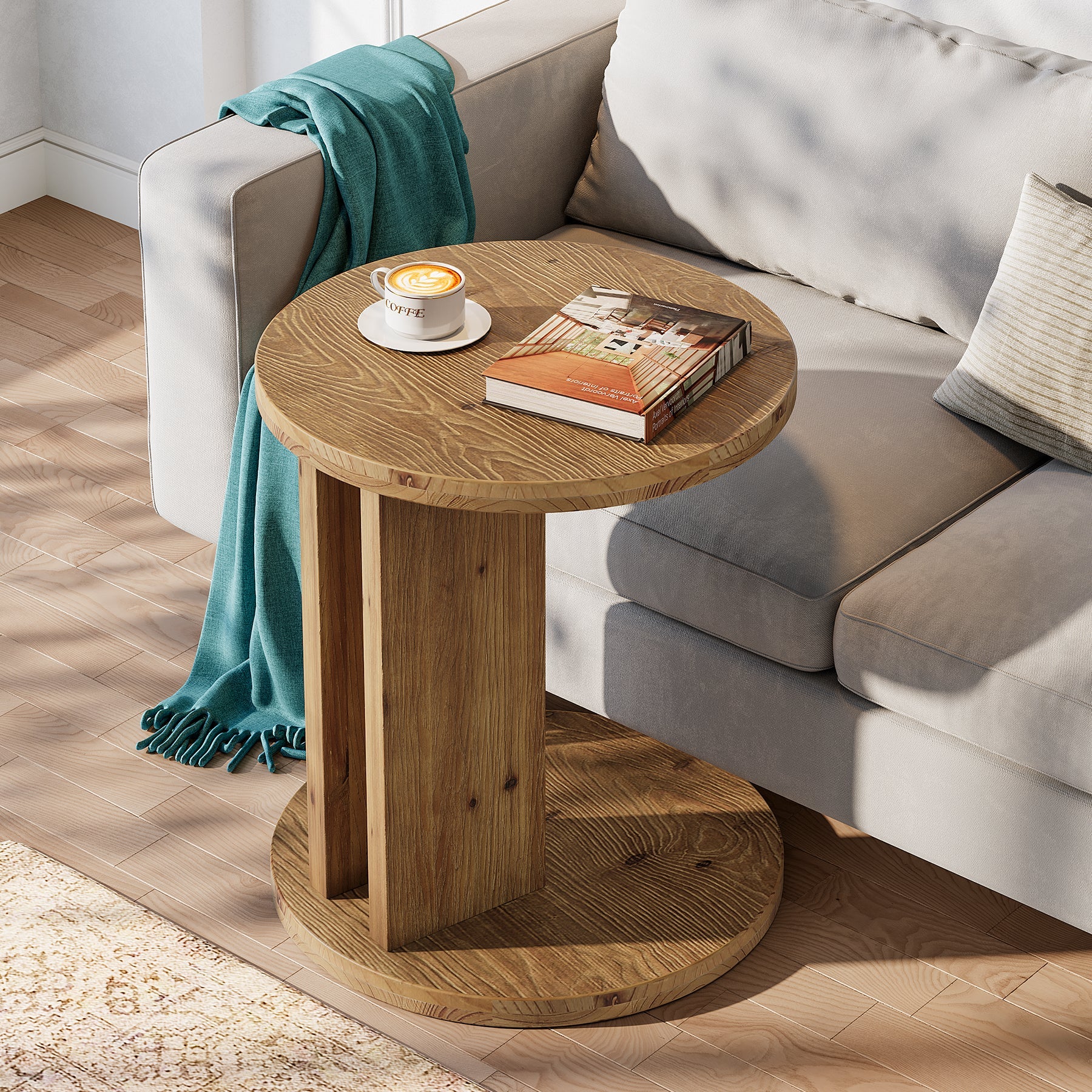 Solid Wood End Table, C-Shaped Round Side Table for for Living Room