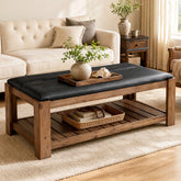 55" Solid Wood Coffee Table with PU Leather Padded Top & Storage Shelf 3