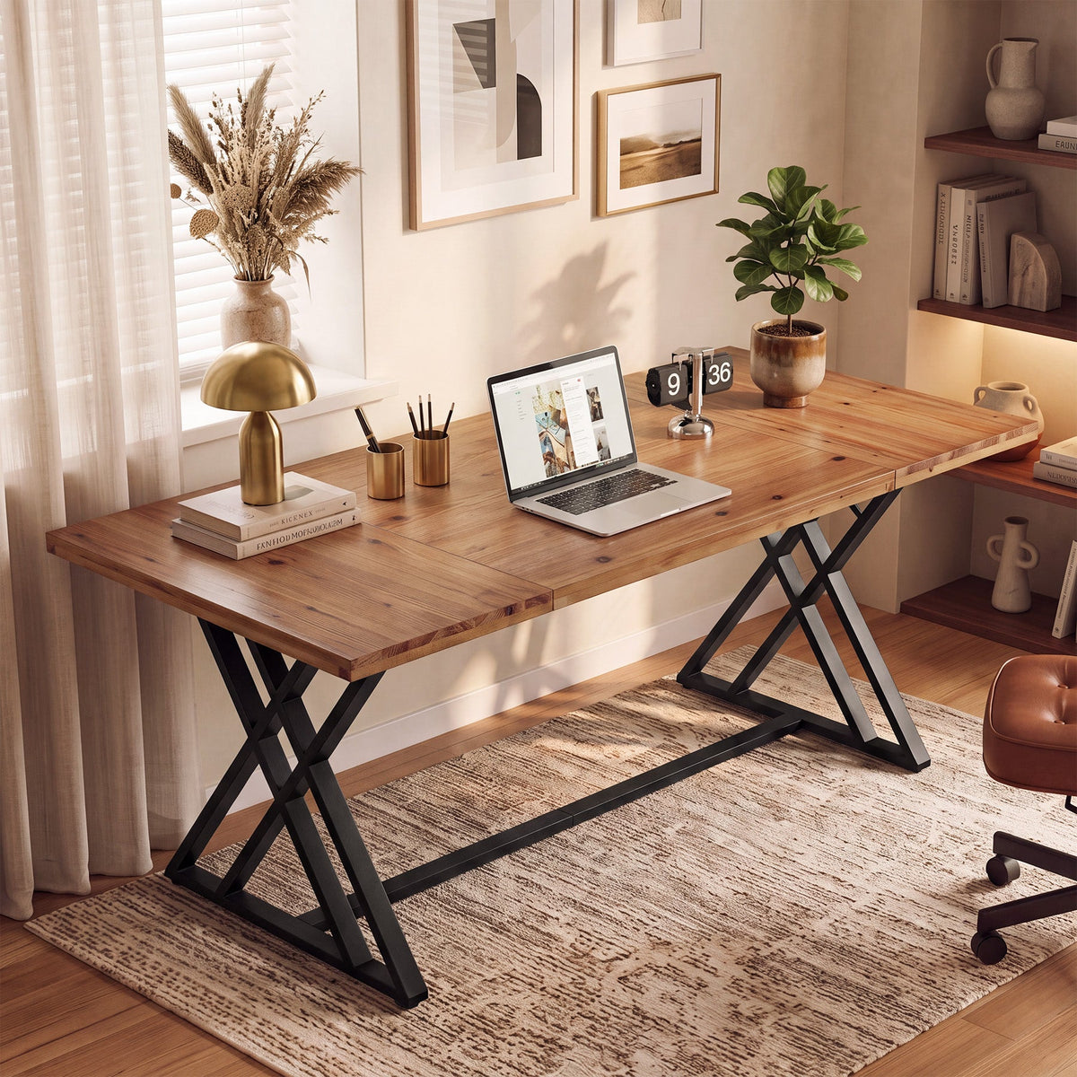 63" Solid Wood Computer Desk, Farmhouse Home Office Table with X-Shaped Metal Frame