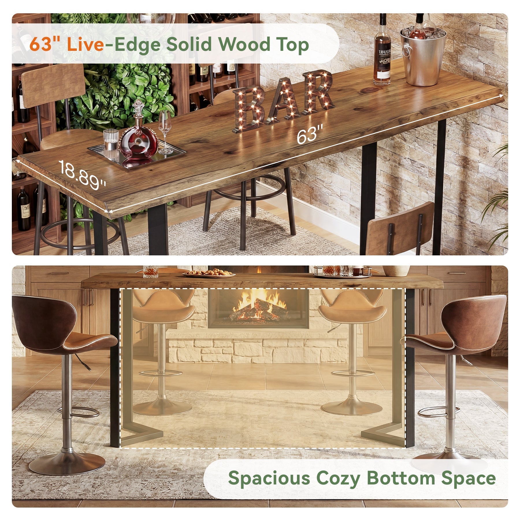 63" Rectangle Bar Table, Solid Wood Counter Height Pub Table Bar Unit