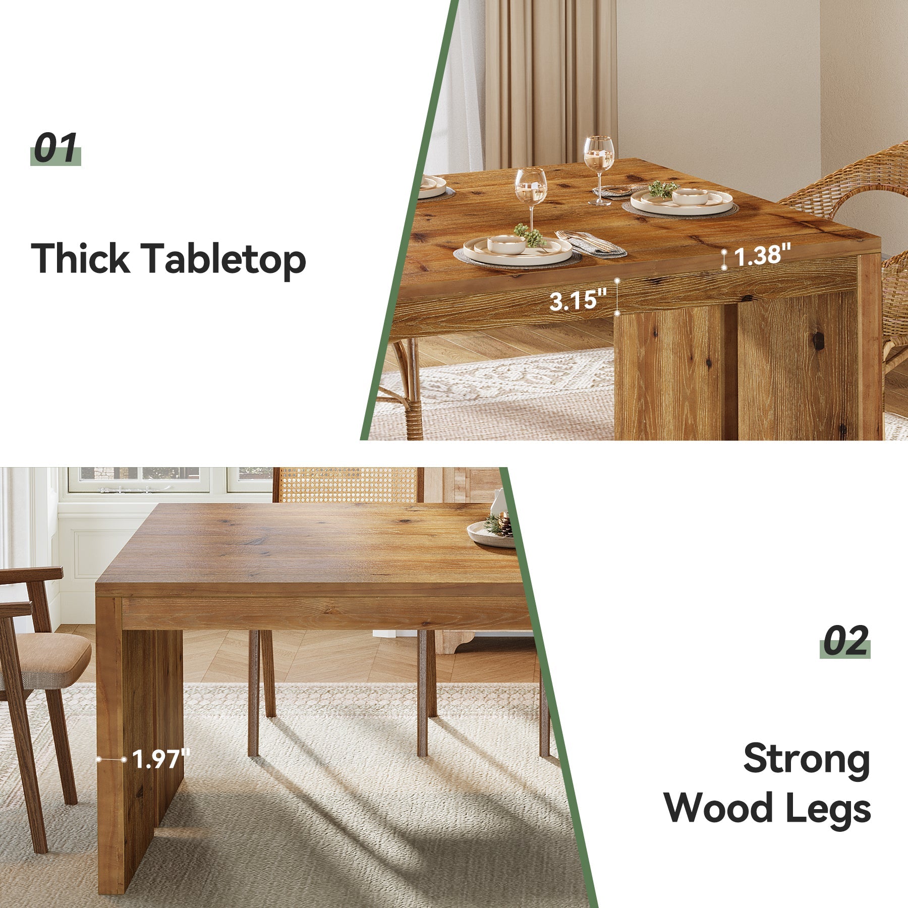 78.7" Solid Wood Dining Table for 6–8, Extra Long Farmhouse Kitchen Table with Thick Top & Reinforced Base