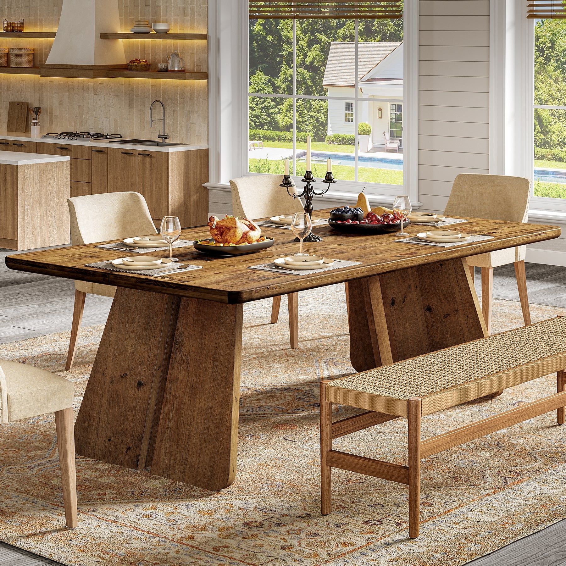 63" Solid Wood Dining Table for 4-6, Farmhouse Kitchen Table with Sturdy Legs