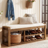 55" Solid Wood Shoe Storage Bench, Upholstered Entryway Bench with Removable Cushion 3