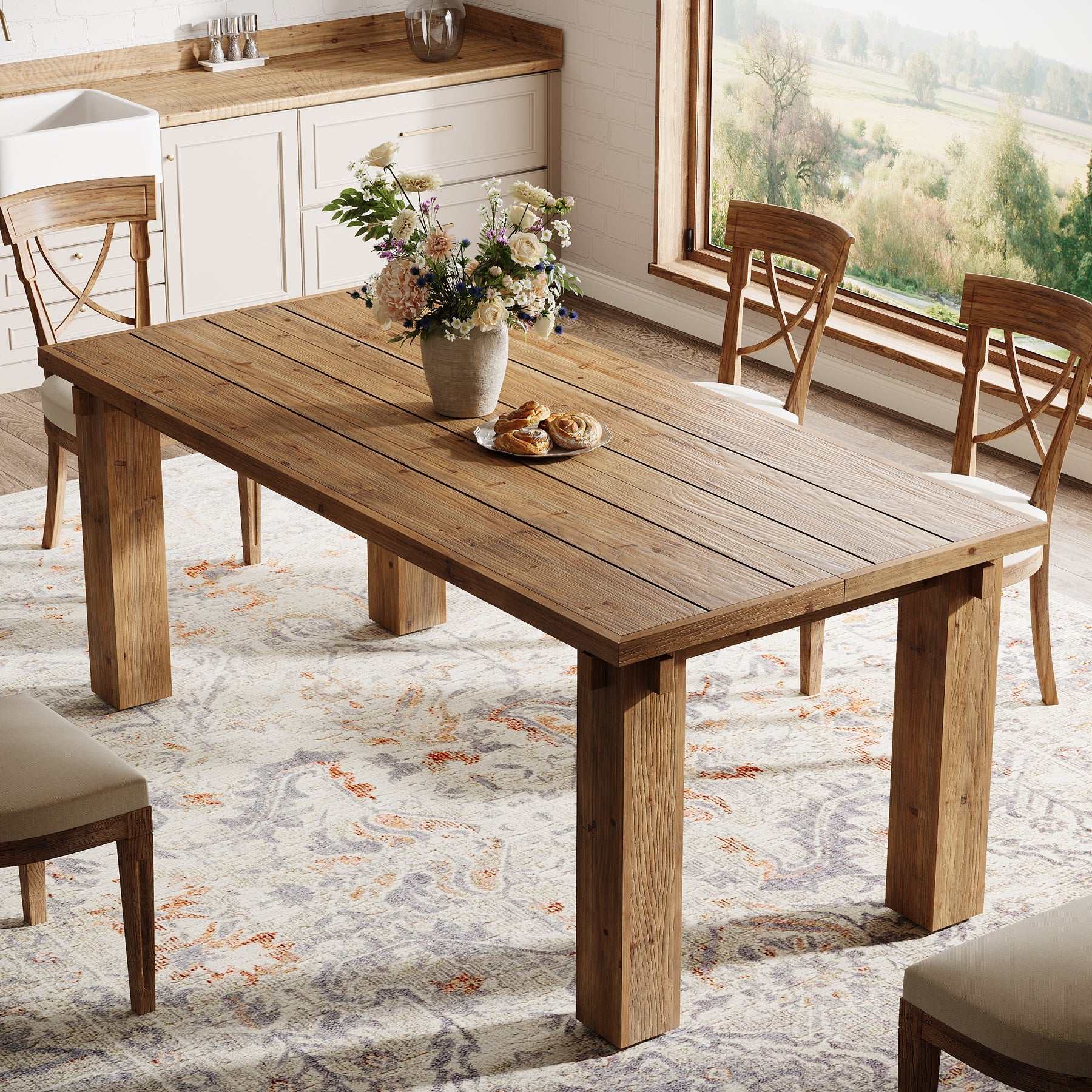63" Solid Wood Dining Table for 4-6, Rectangular Kitchen Table with Sturdy Legs