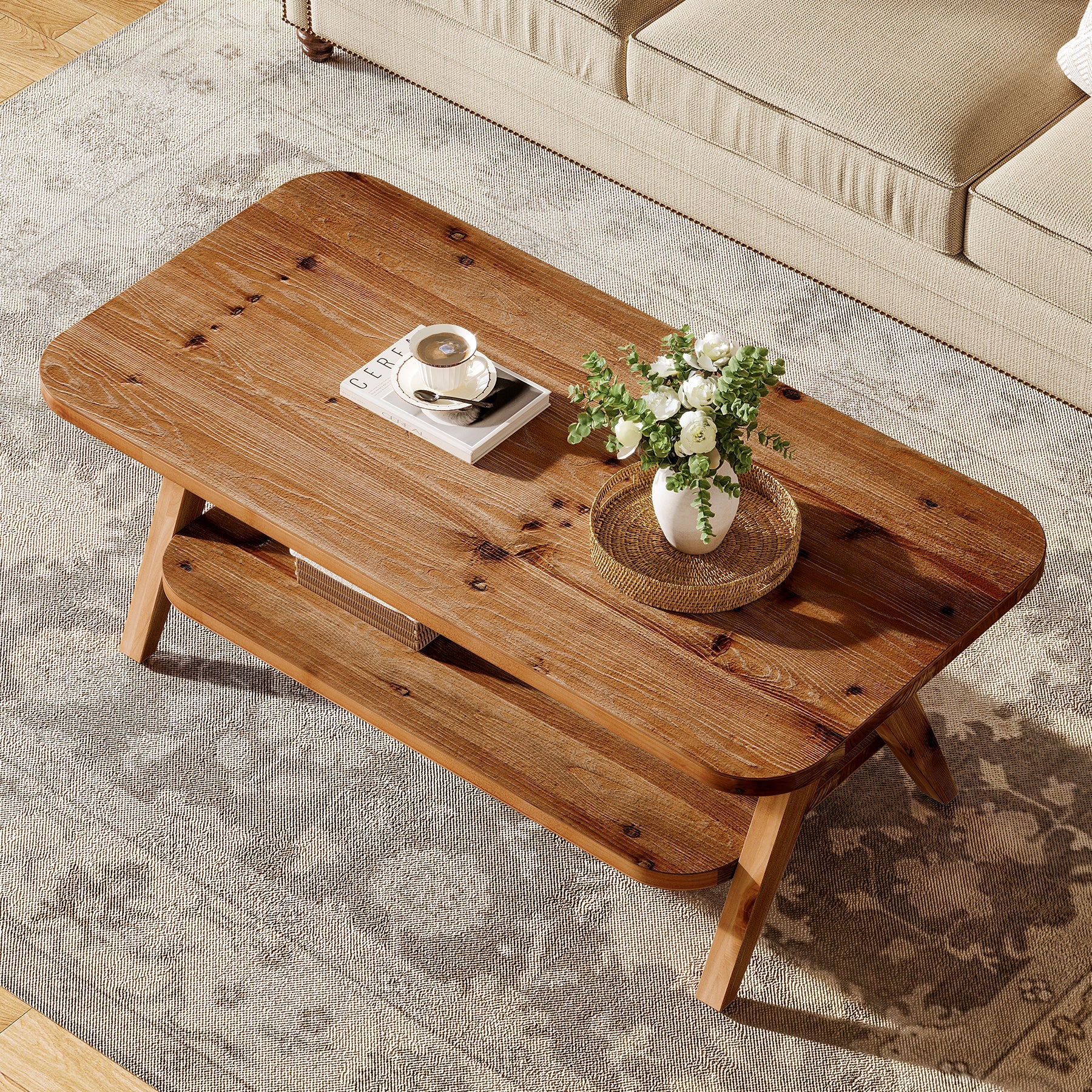 47" Coffee Table, Solid Wood 2-Tier Center Table with Storage Shelf