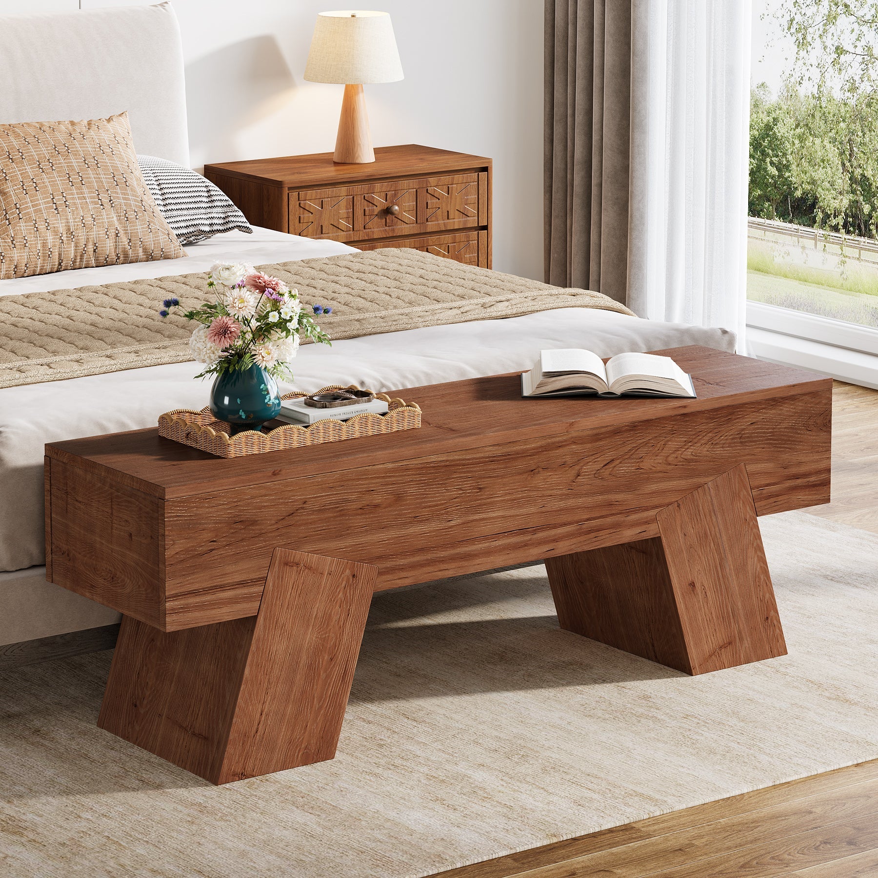 47" Solid Wood Shoe Bench, Indoor End of Bed Bench with Sturdy Legs