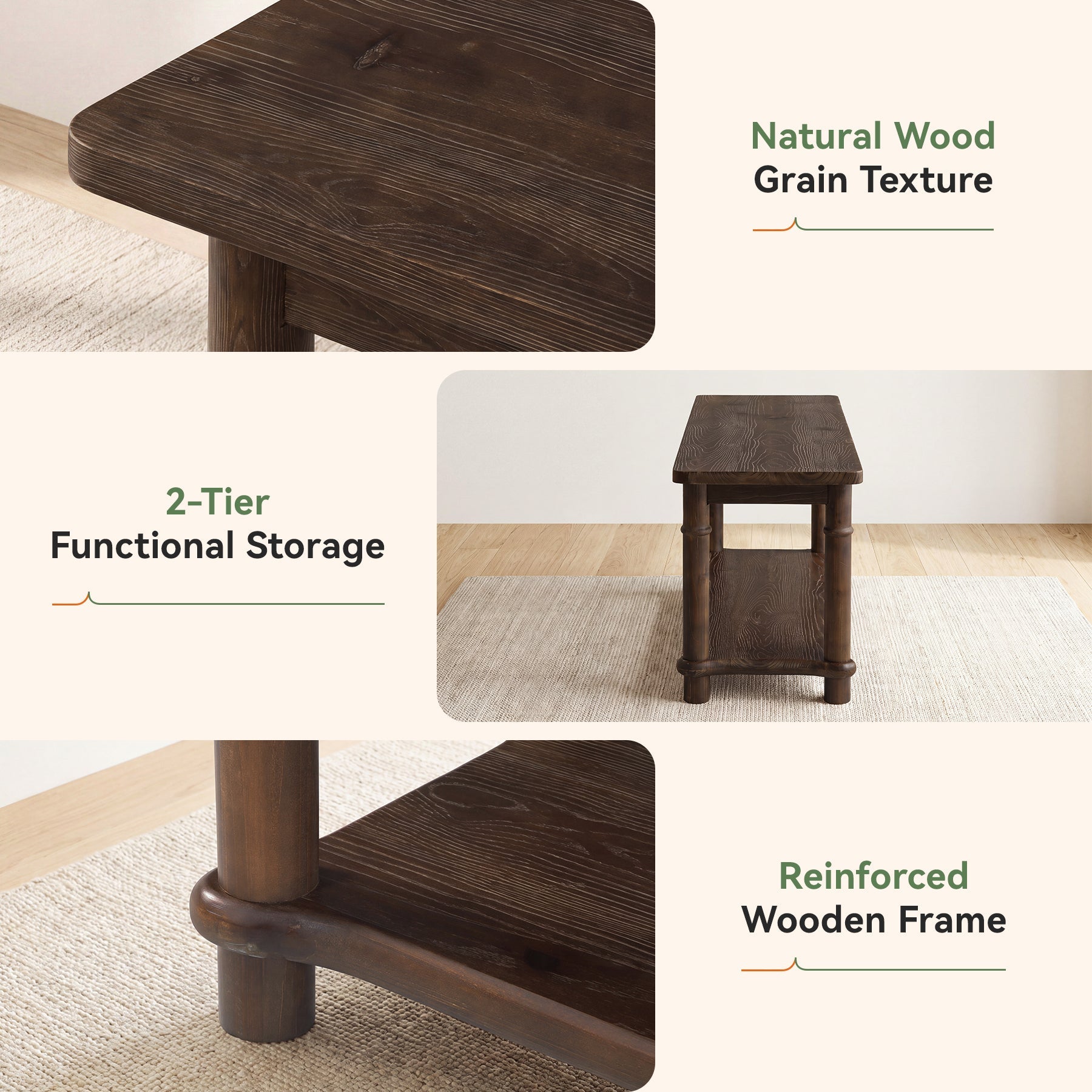 55" Farmhouse Dining Bench, Solid Wood 2-Tier, Kitchen Bench, Dining Room