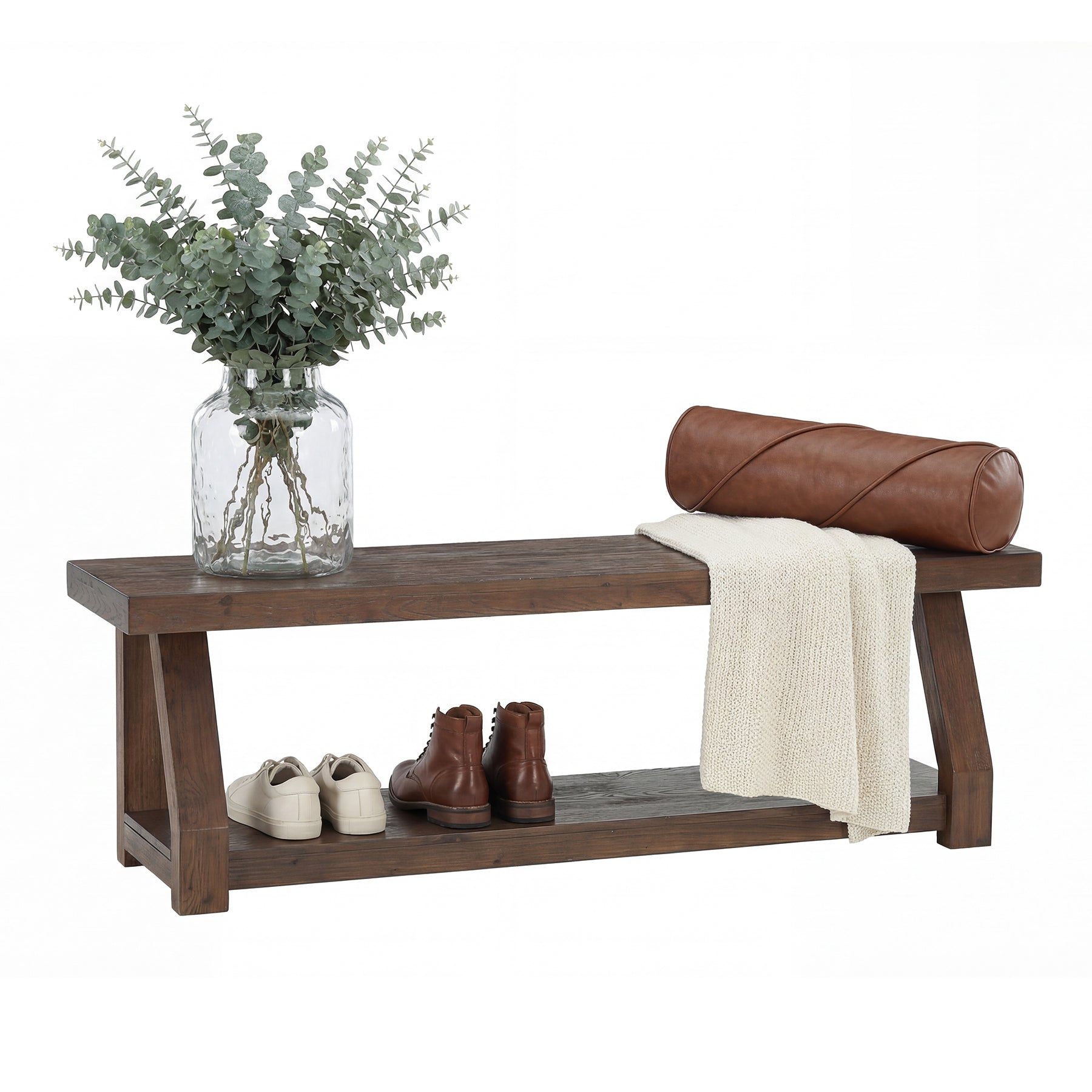 63" Solid Wood Entryway Bench with Shoe Storage, 2-Tier Rustic Shoe Bench for Hallway, Living Room & Bedroom