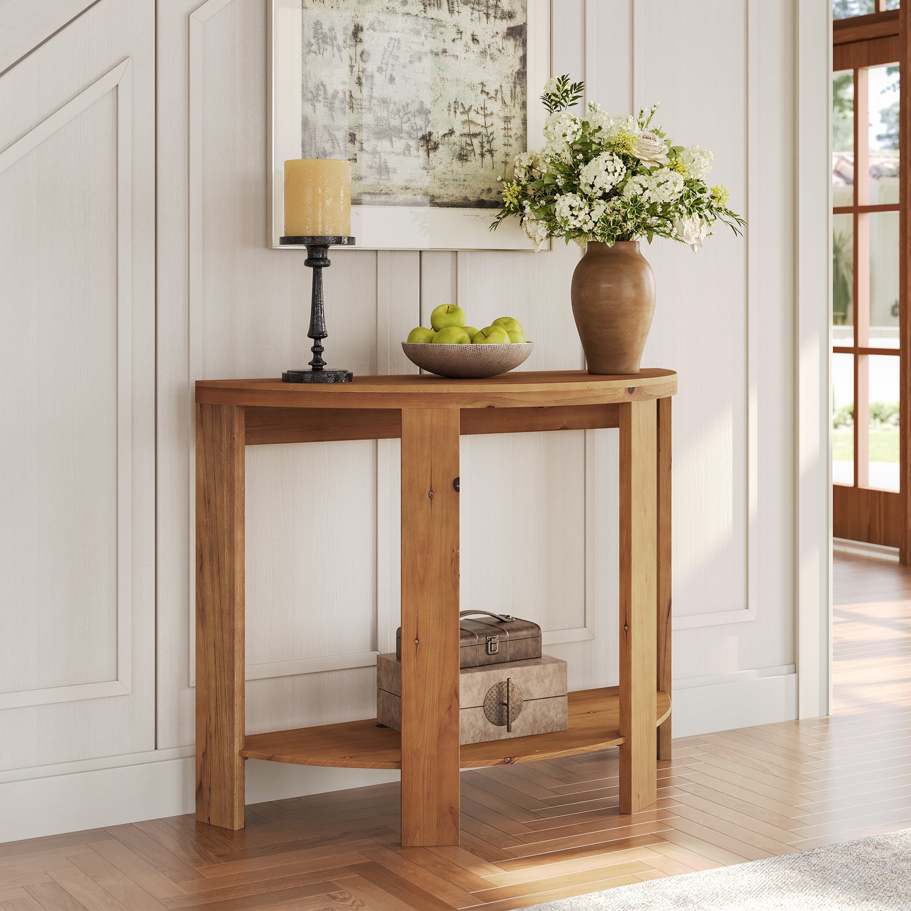 Solid Wood Console Table, Half-Moon 41.3" Hallway Table with 2-Tier Storage