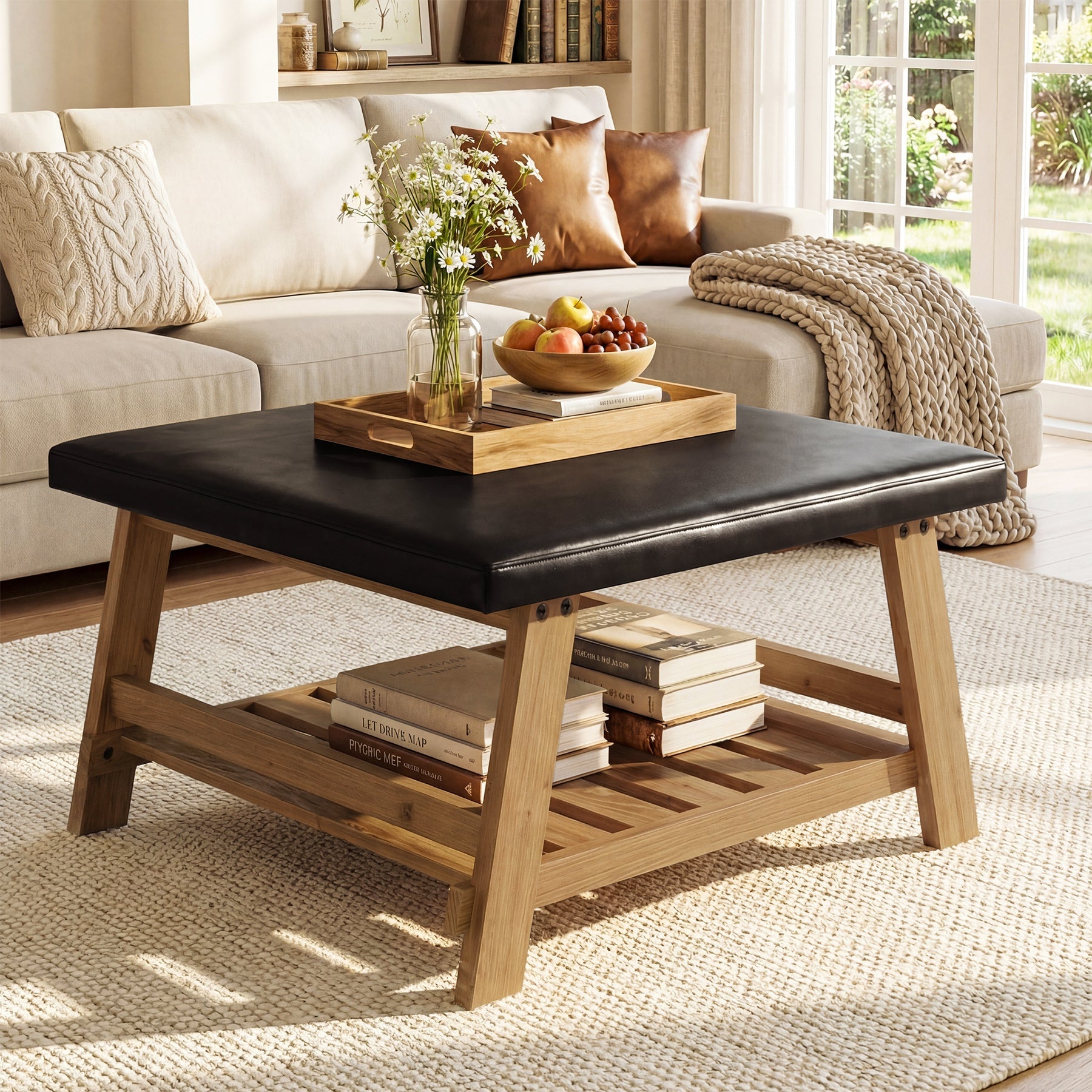 Tribesigns 31.5-Inch Square Ottoman Coffee Table, Storage Shelf Wood Accent Table for Living Room