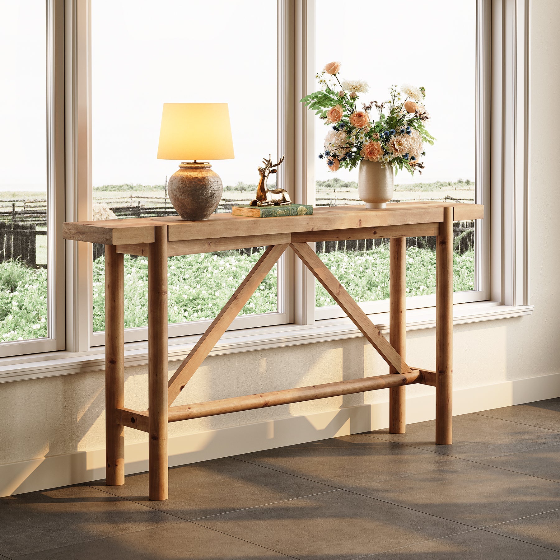 63" Console Table, Solid Wood Farmhouse Sofa Table Hallway Table