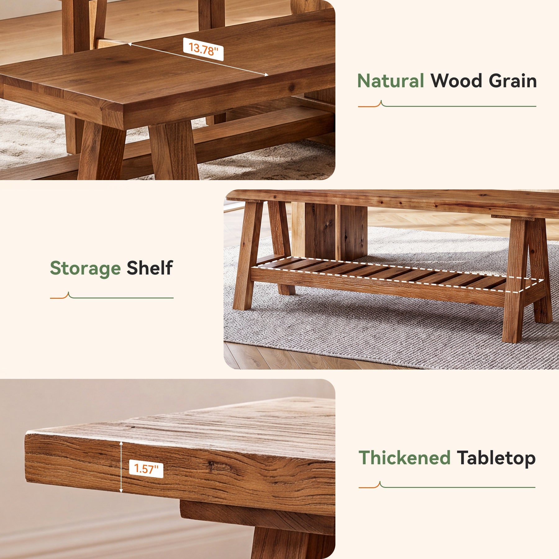 55" Solid Wood Dining Bench, Long 2-Tier Indoor Seating for Dining Room