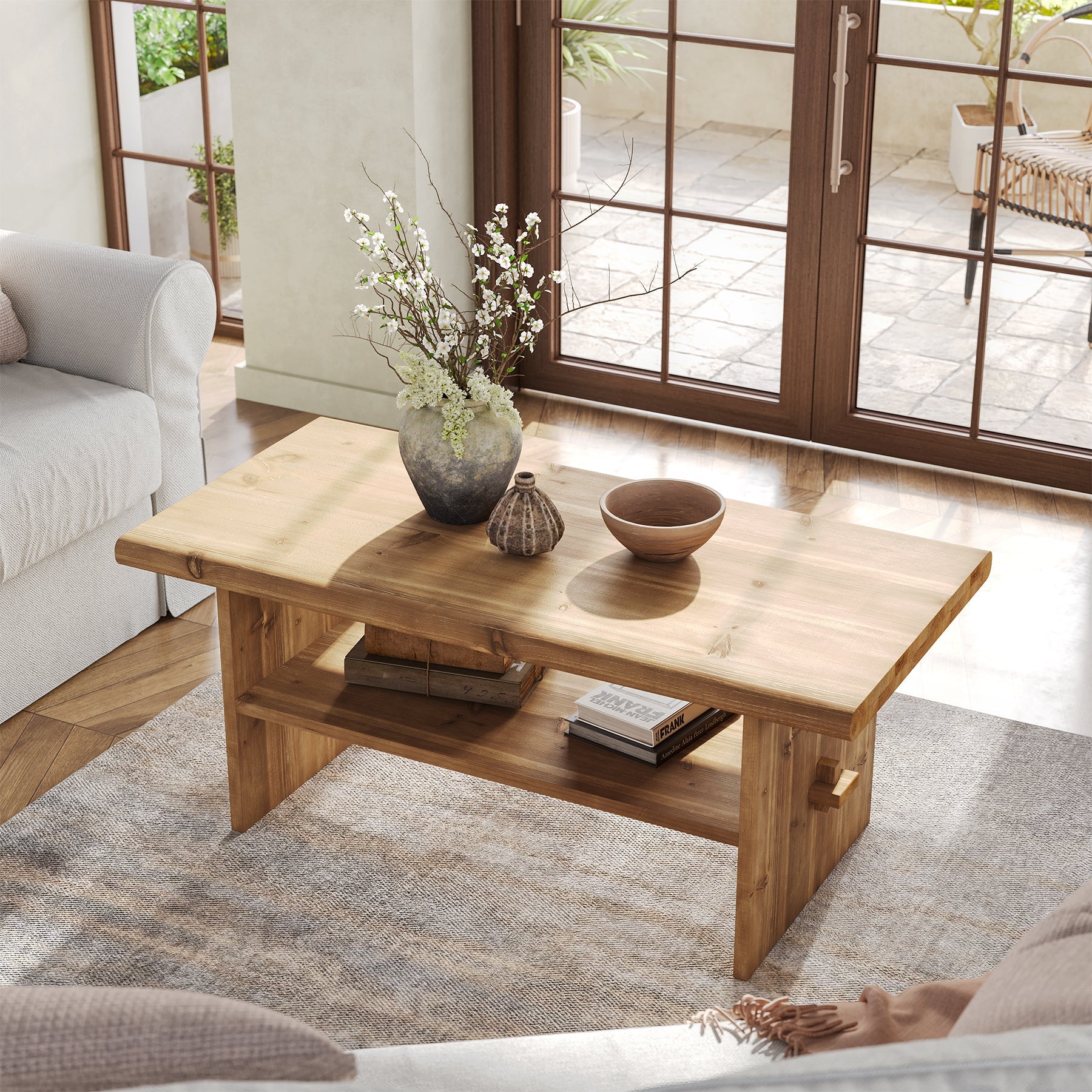 47" Wood Coffee Table, 2-Tier Rectangular Center Table Accent Table
