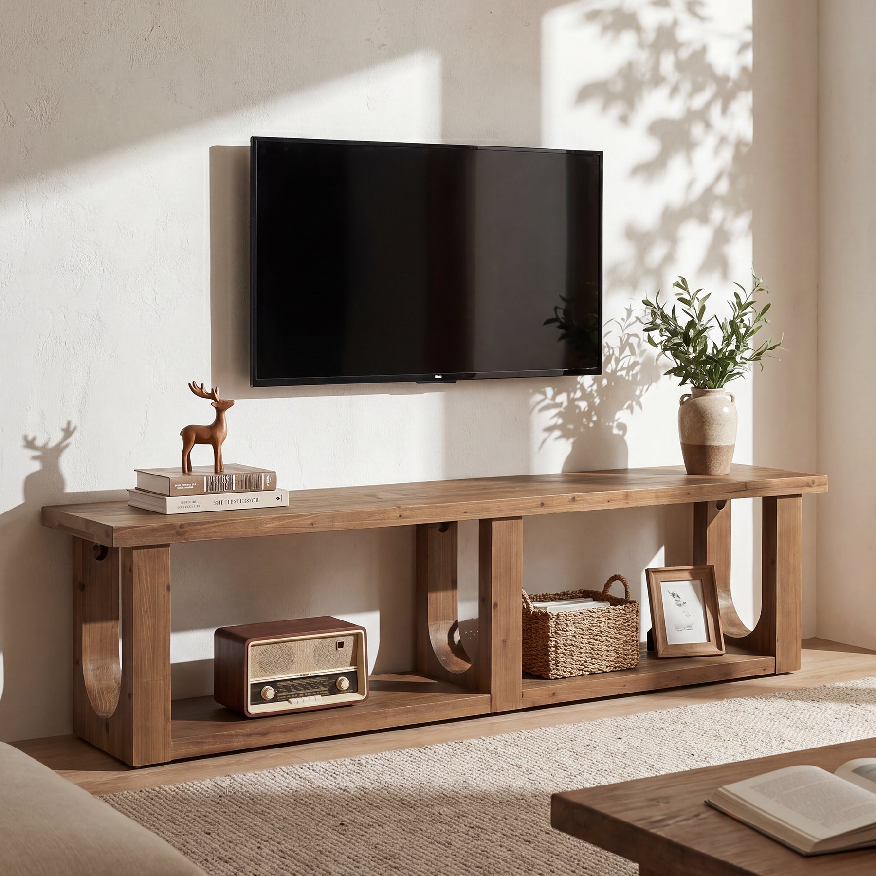 70.9" Solid Wood TV Stand for Up to 80" TVs, 2-Tier Entertainment Center for Living Room