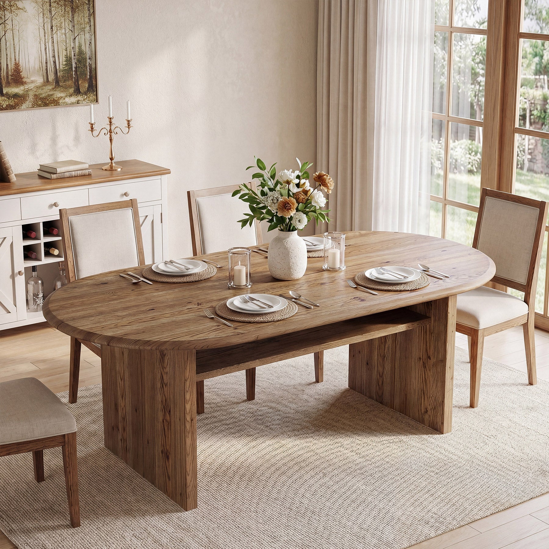63" Solid Wood Dining Table for 6, Oval Kitchen Table with Storage for Dining Room