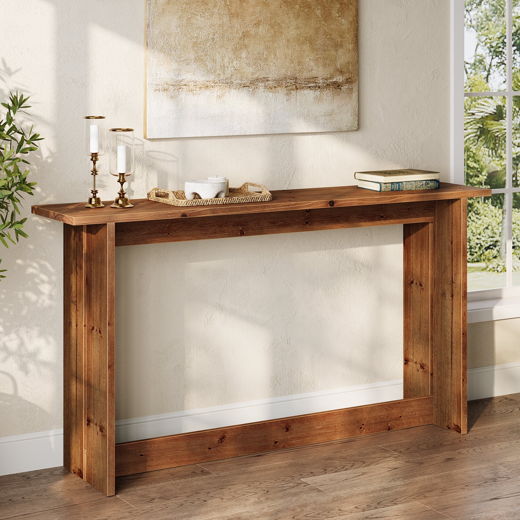 63“ Solid Wood Farmhouse Console Table with Bottom Shelf, Entryway Sofa Table for Hallway or Behind Couch