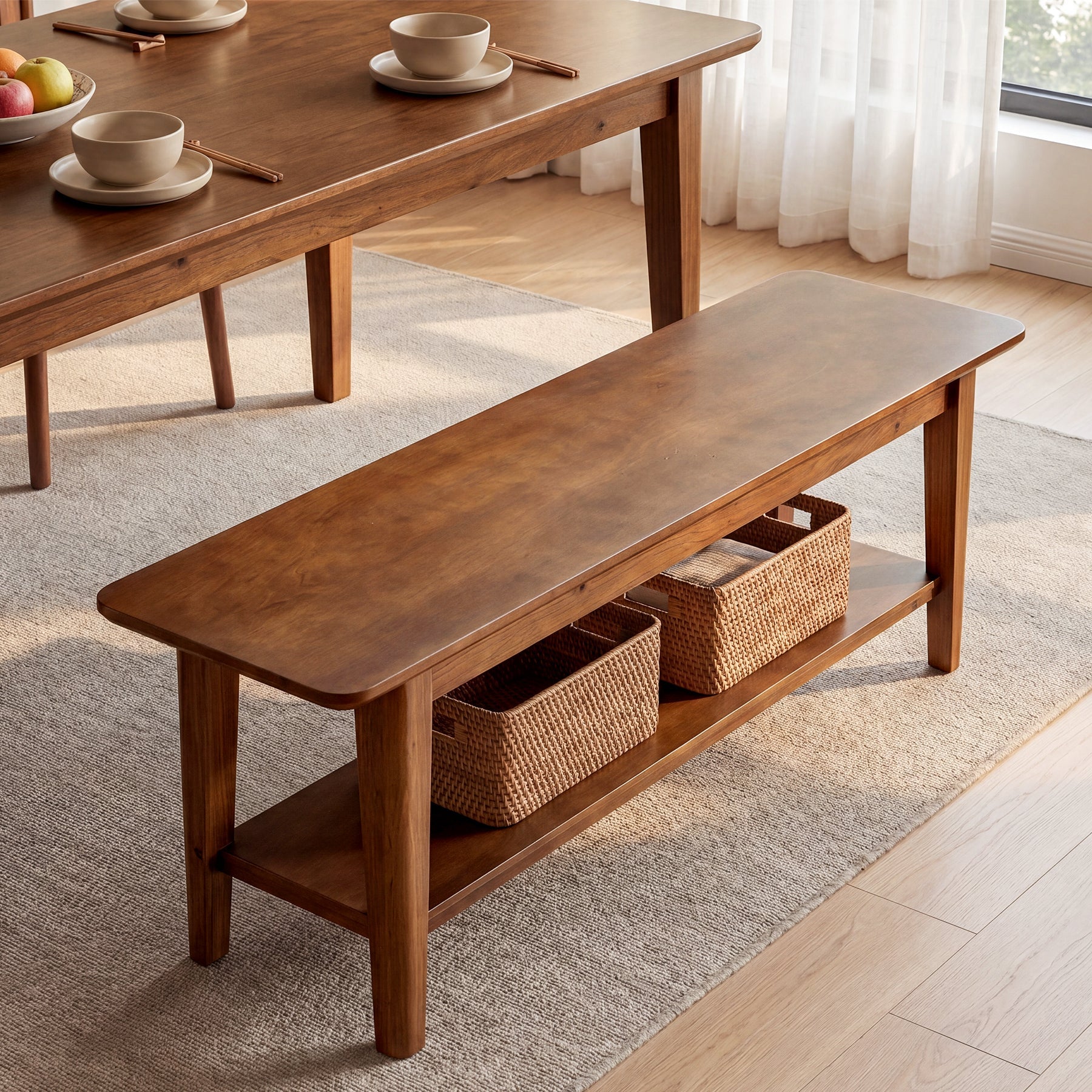 55" Solid Wood Dining Bench, Farmhouse Kitchen Bench with Lower Shelf