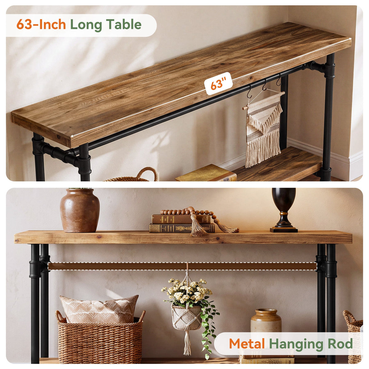 63" Solid Wood Console Table, Narrow Entryway Table with 2-Tier Storage & Metal Pipe Frame
