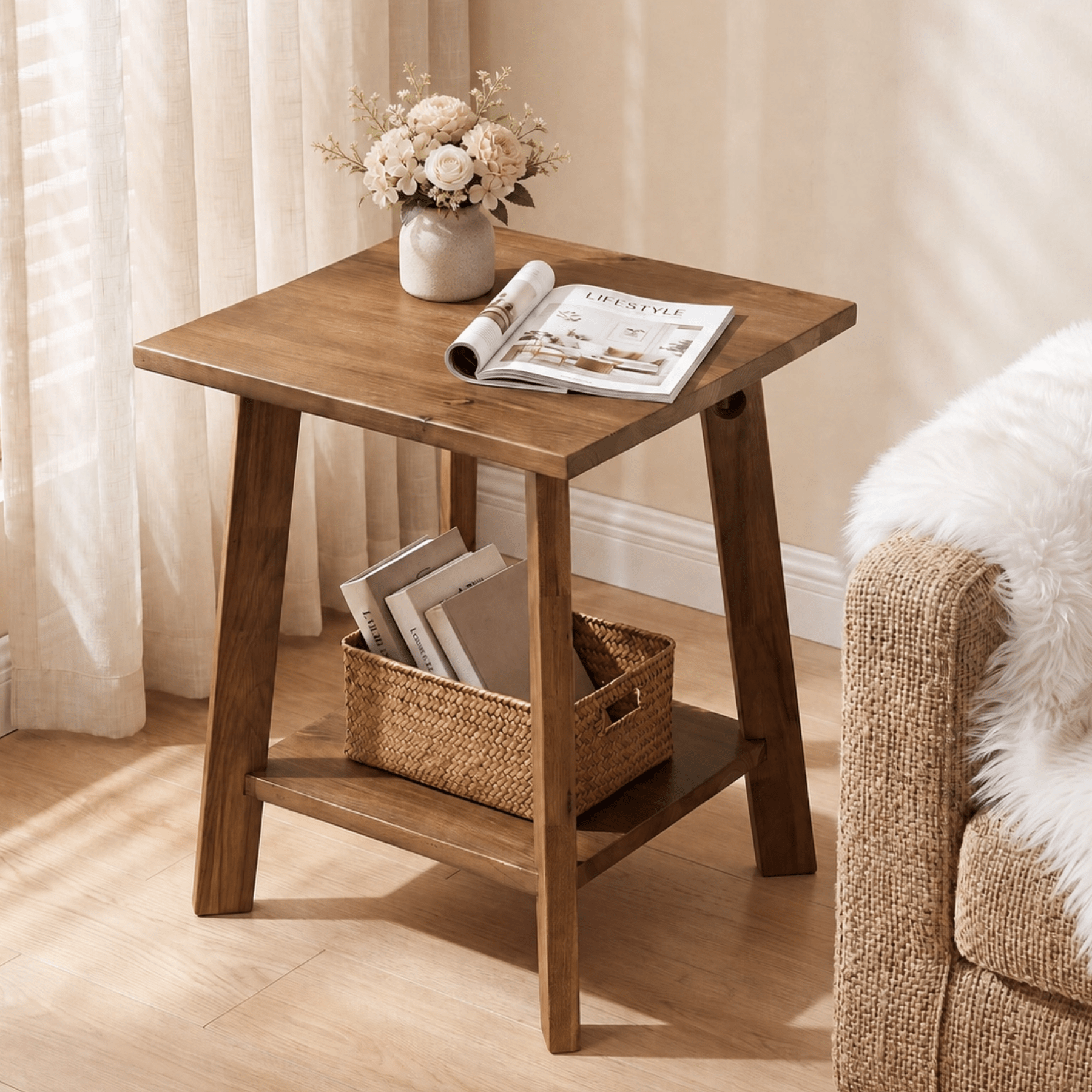 19.69" Solid Wood End Table, Small Side Table with 2-Tier Storage Shelf for Living Room