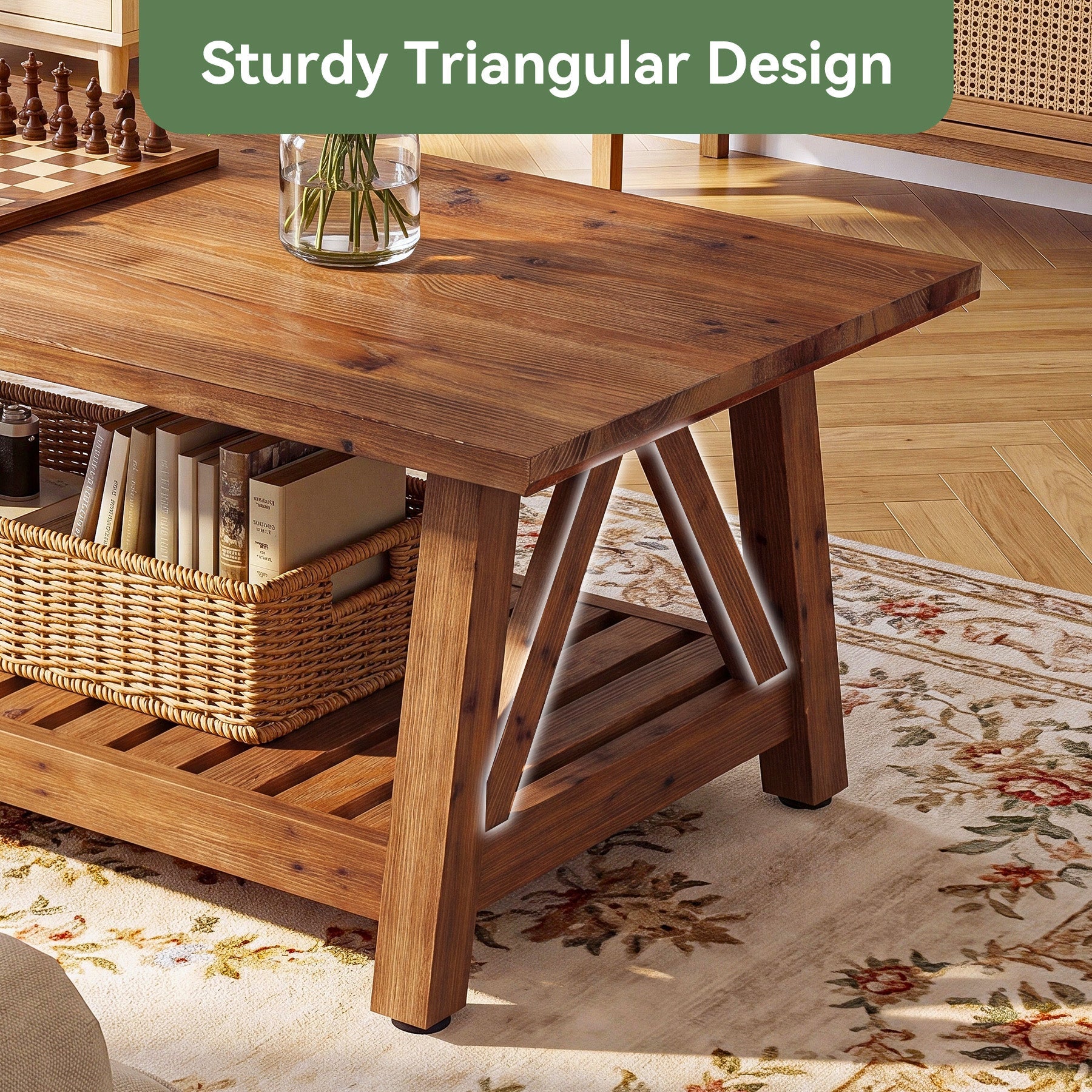 47.24" Farmhouse Solid Wood Coffee Table, Rectangle Center Table with Shelf for Living Room