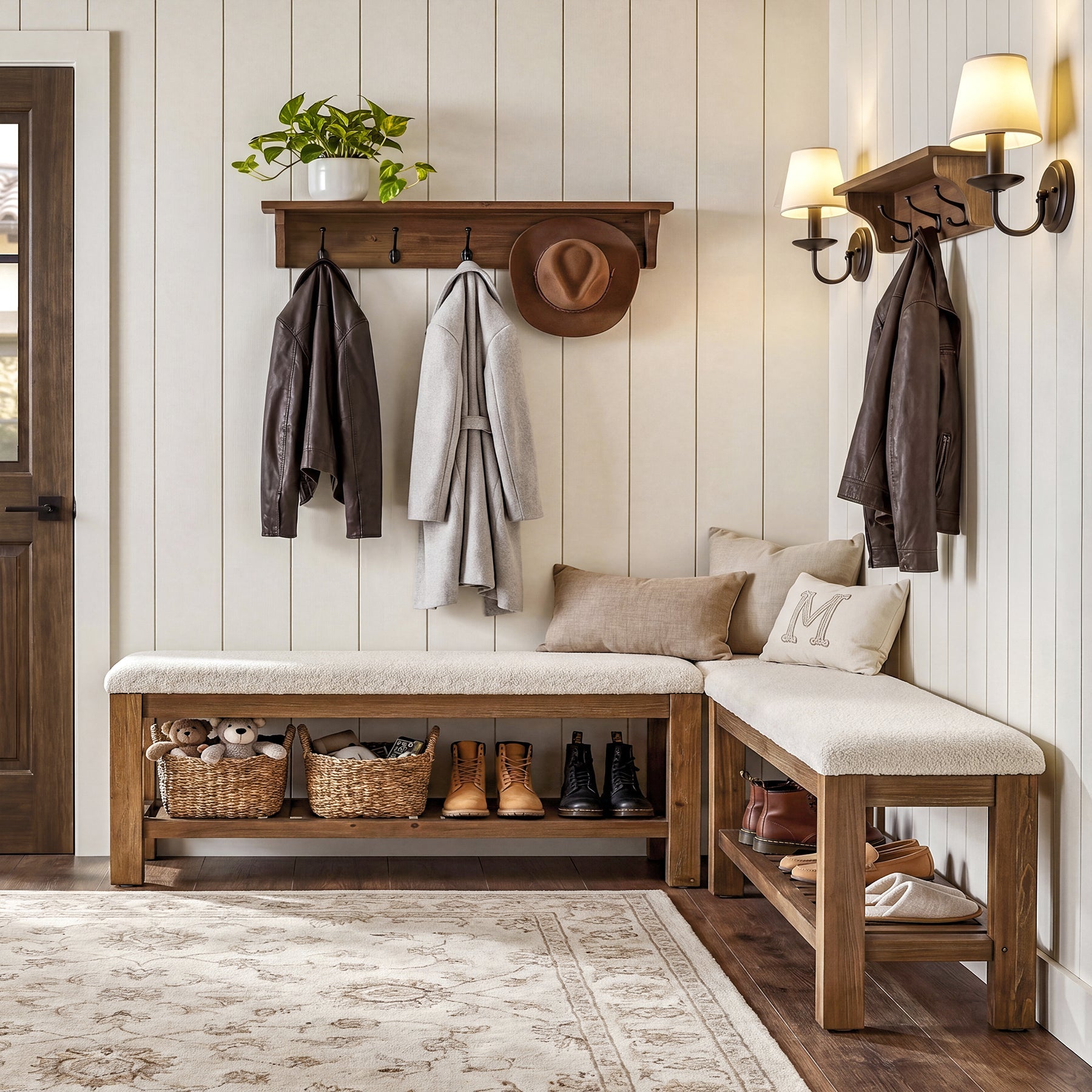Solid Wood Entryway Bench Set, 55" L-Shaped Shoe Bench with Storage Shelf
