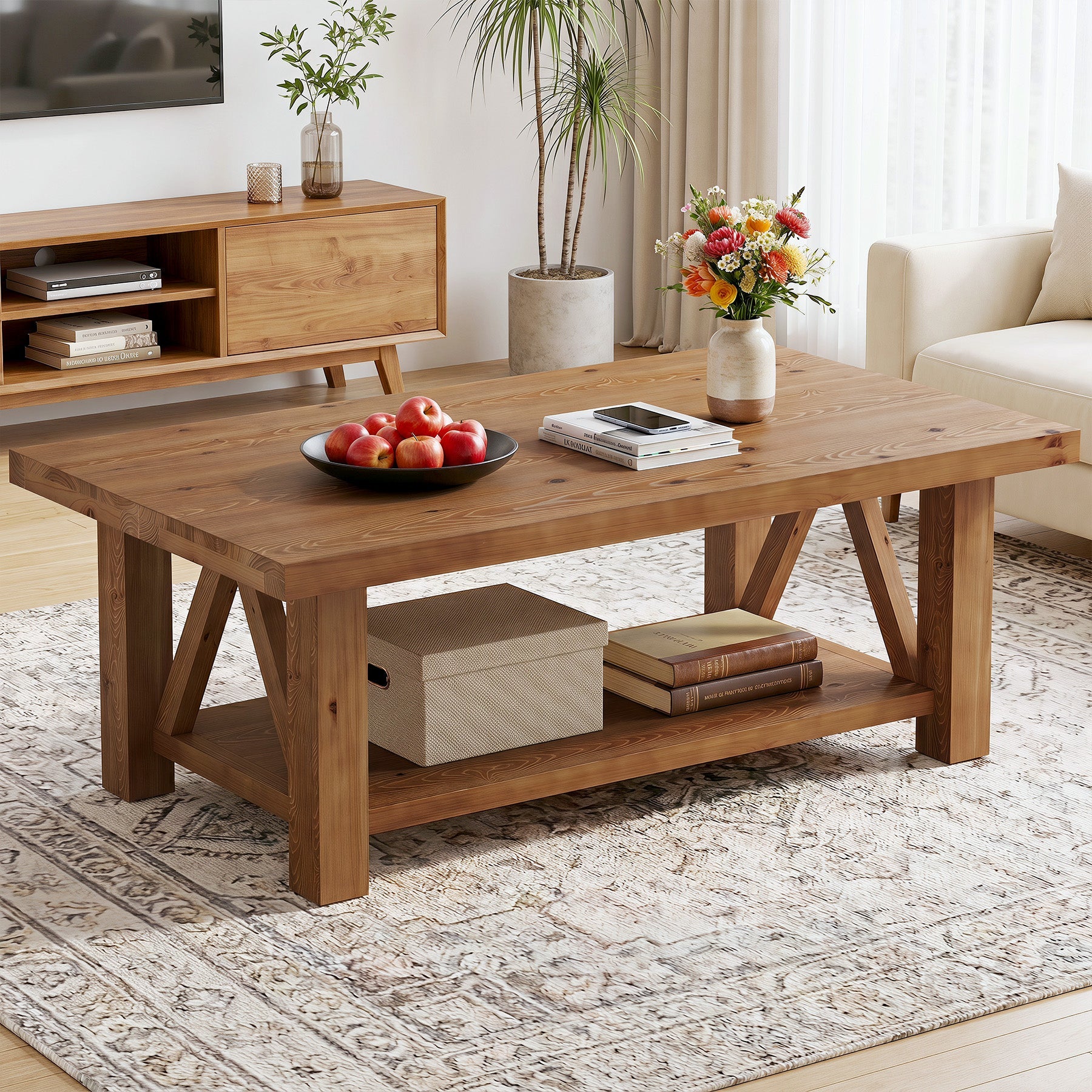 55" Rectangular Coffee Table, 2-Tier Solid Wood Center Table for Living Room