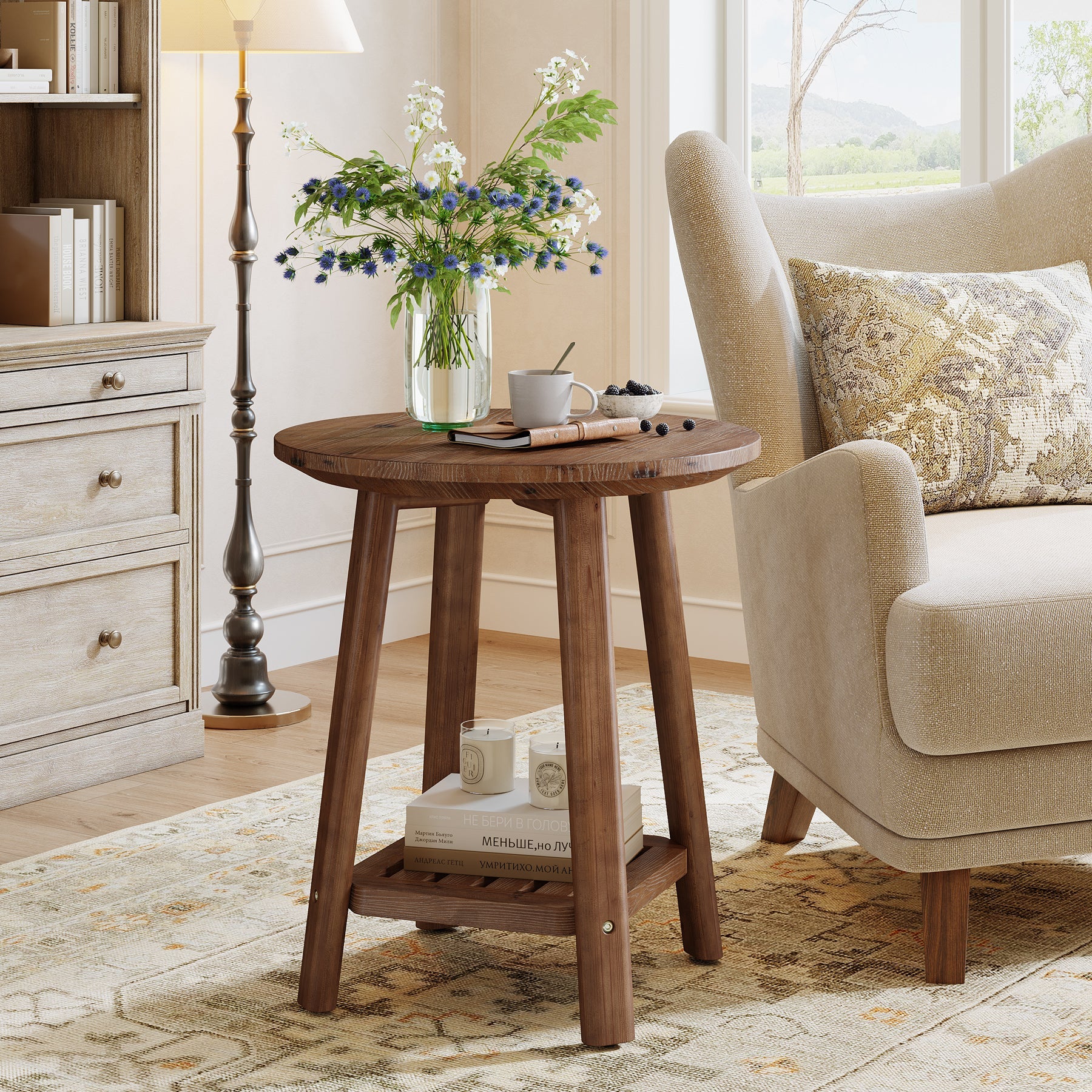 23.62" Round Solid Wood Side Table, 2-Tier Farmhouse Storage Shelf Walnut