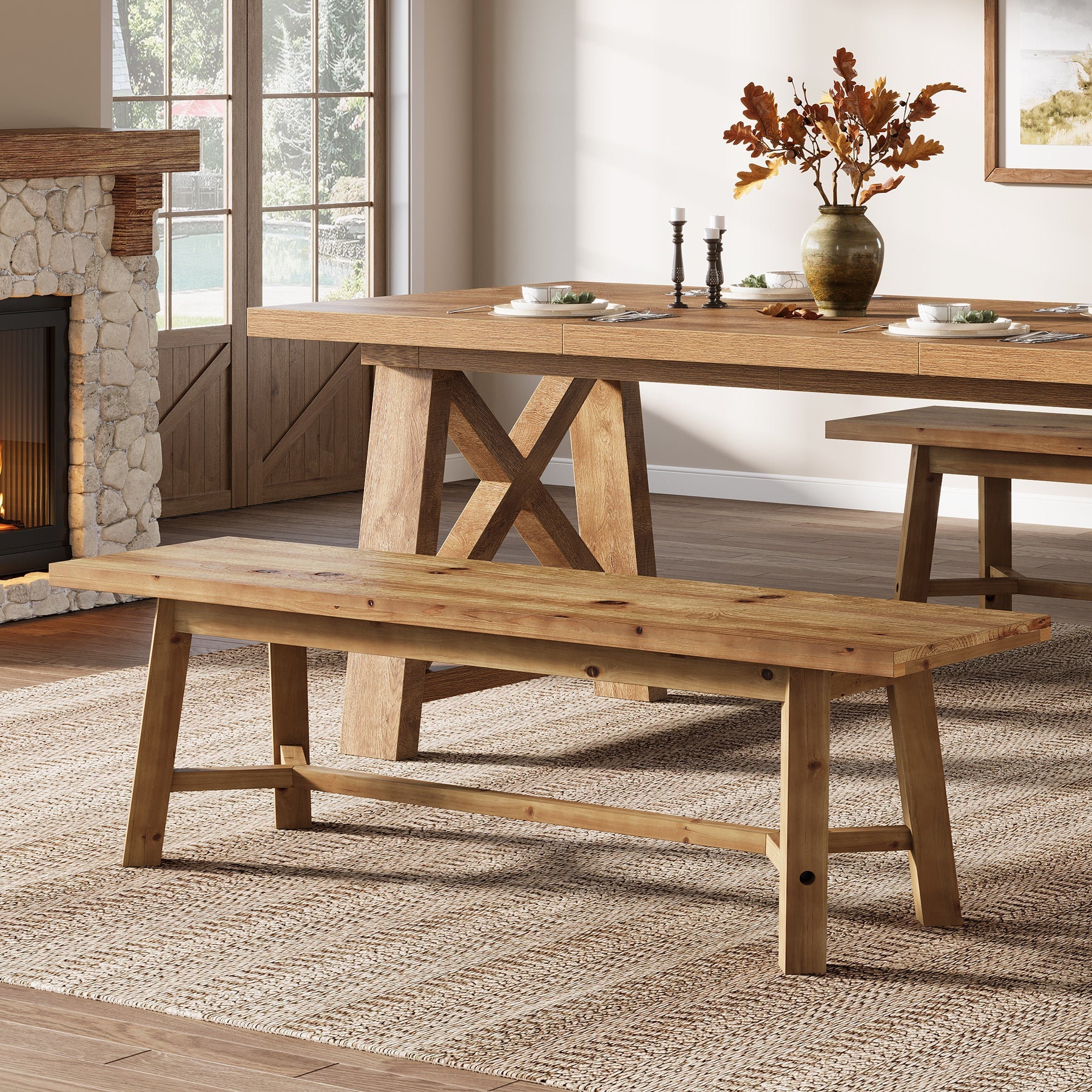 Solid Wood Dining Bench, 55.12" Kitchen Bench with Strengthened Legs