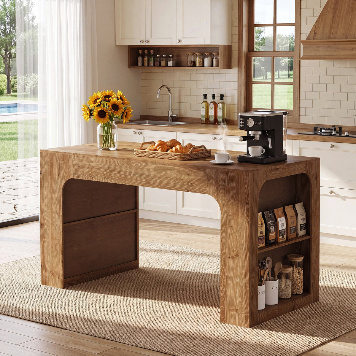 63" Solid Wood Kitchen Island with Storage Shelves, Kitchen & Dining Room