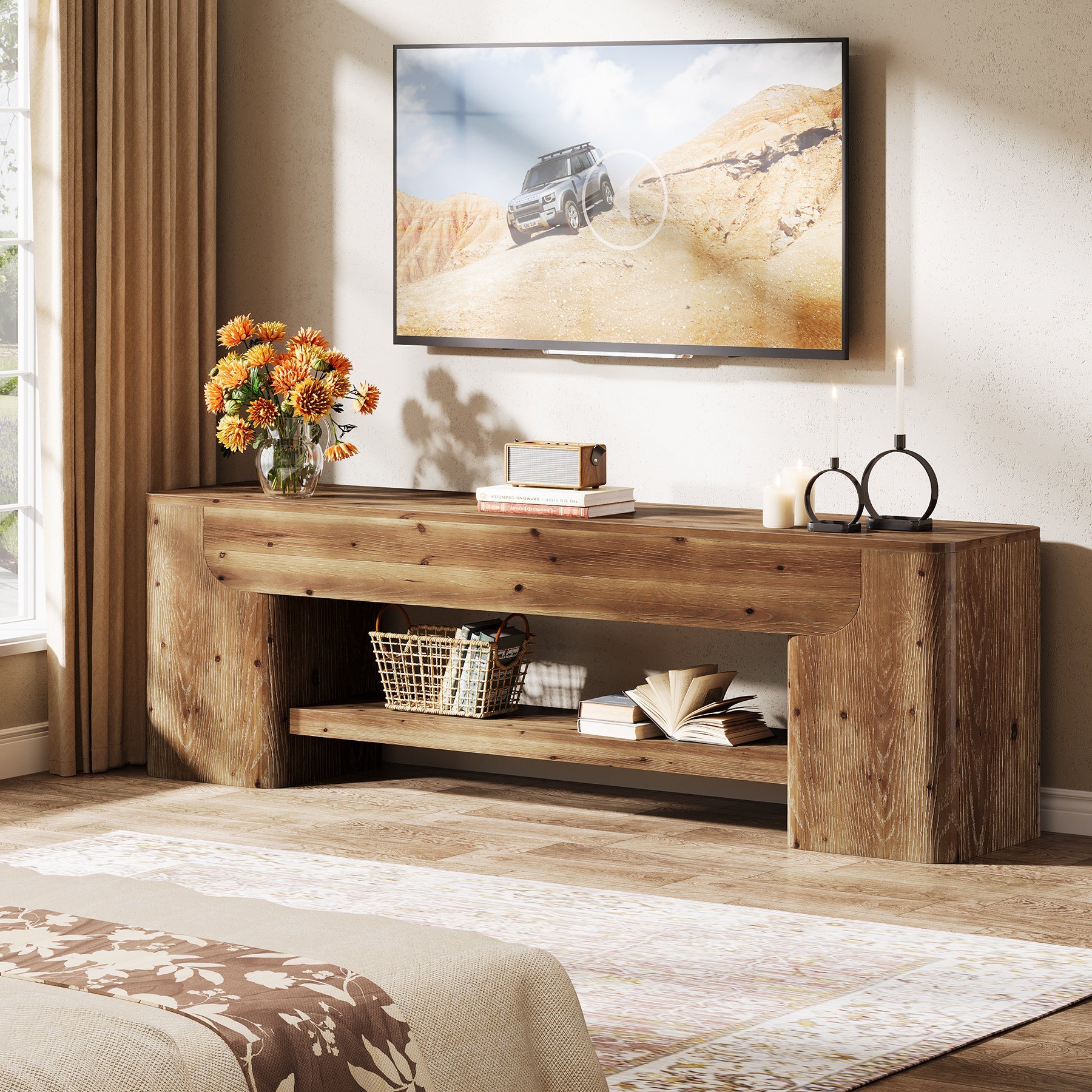 63" Solid Wood TV Stand for Up to 75" TVs, Farmhouse Entertainment Center with Open Shelf Storage for Living Room or Bedroom