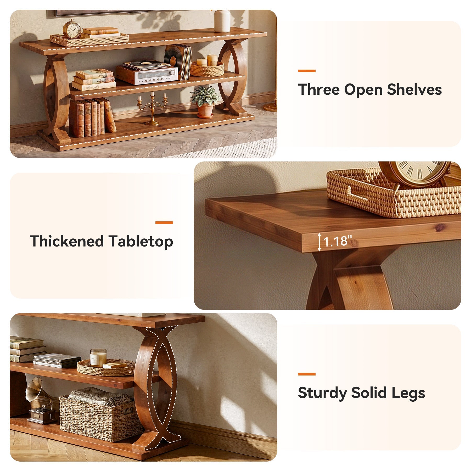 63" Solid Wood TV Stand for 75" TVs, 3-Tier TV Console with Open Storage Shelves