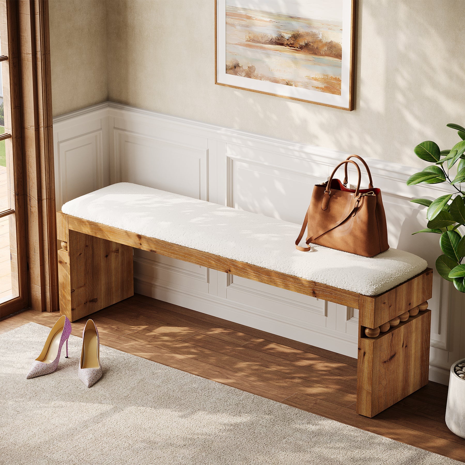 Solid Wood Entryway Shoe Bench, 55" Bedroom Footrest with Removable Cushion