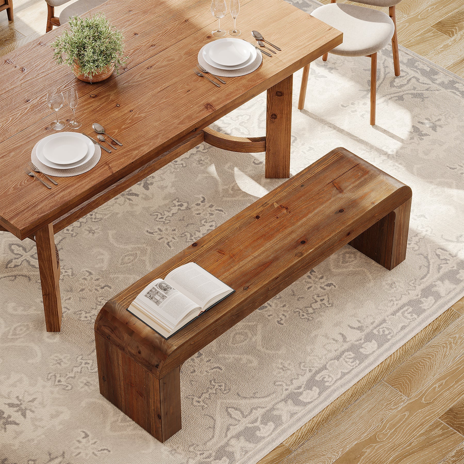 55" Modern Dining Bench, Solid Wood Entryway Bench with Thick Block Seat