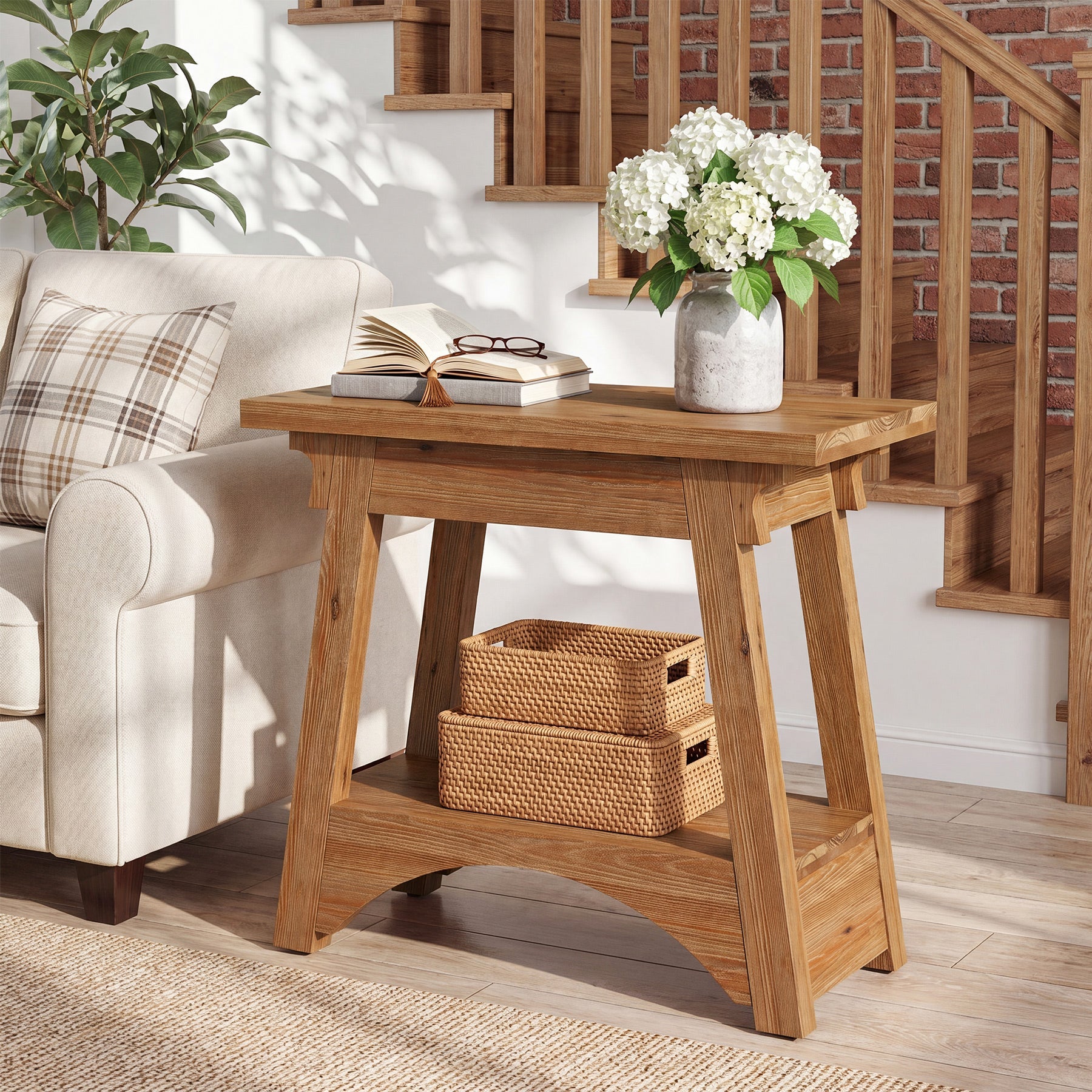 24.4" Solid Wood End Table, Narrow Farmhouse Nightstand for Small Spaces