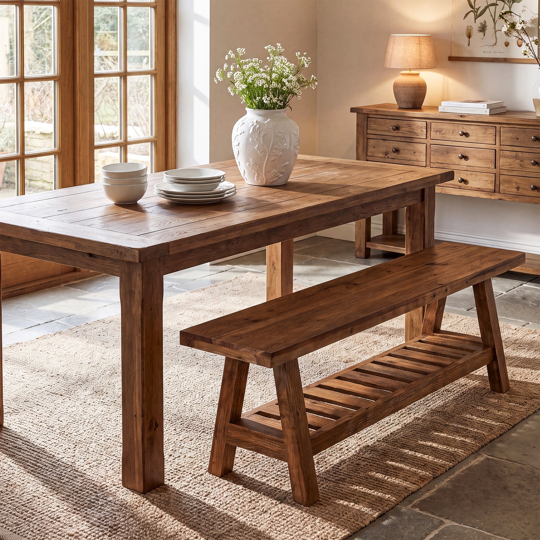 55" Solid Wood Dining Bench, Long 2-Tier Indoor Seating for Dining Room