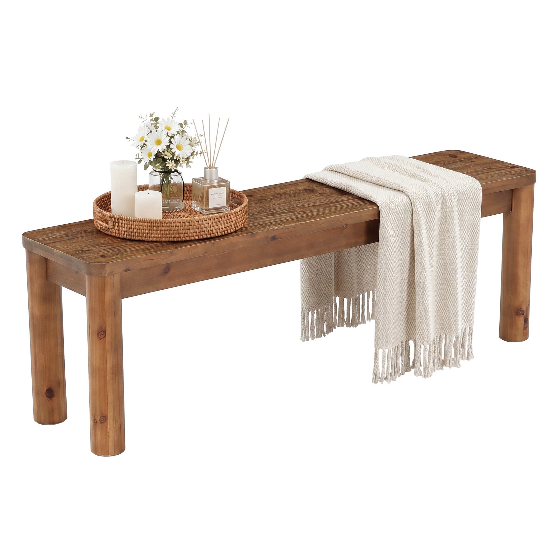 55" Solid Wood Entryway Bench, Farmhouse Wooden Bench for End of Bed, Hallway & Dining Room