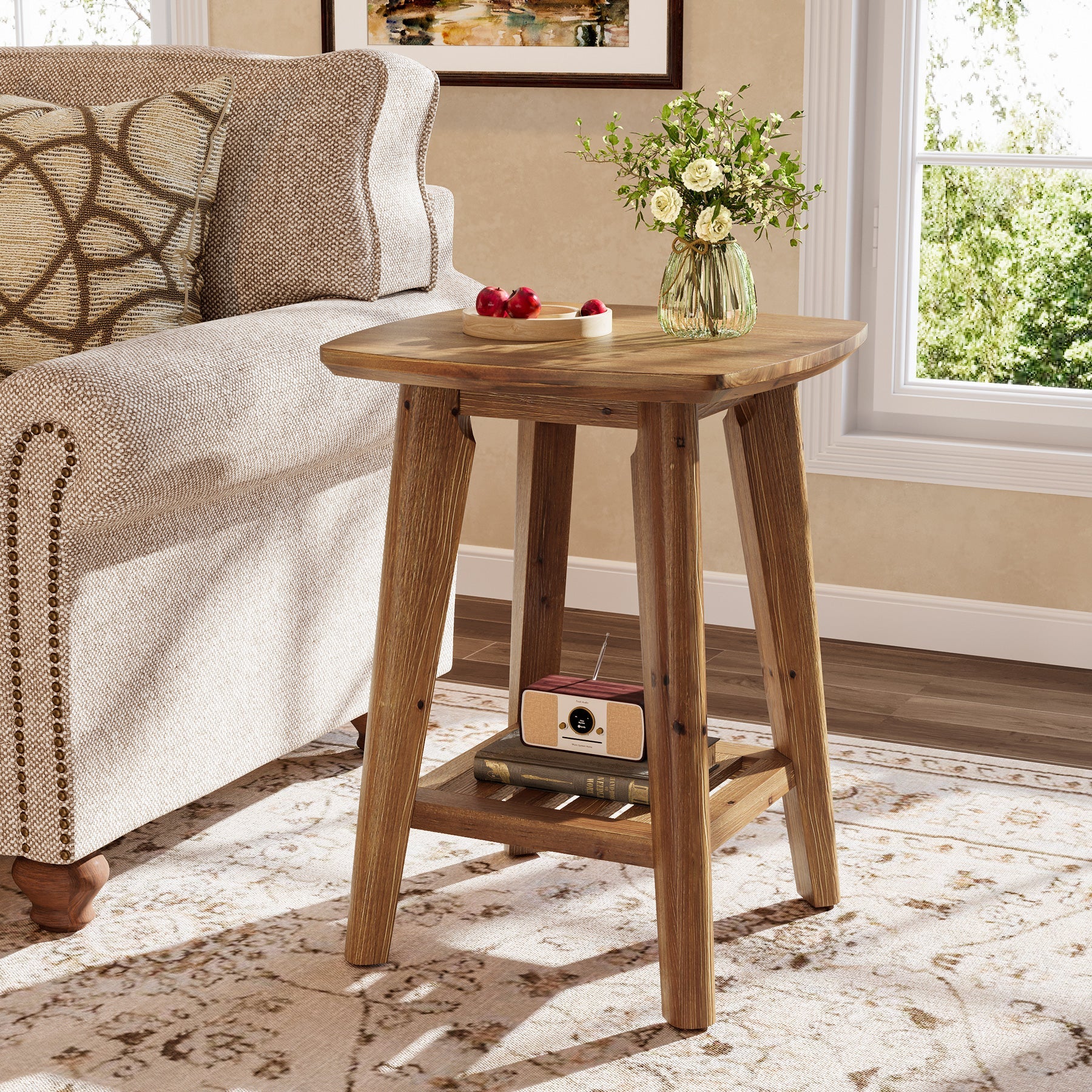 19.69" Square Side Table with 2-Tier Storage Shelf, Solid Wood End Table for Living Room and Sofa Side