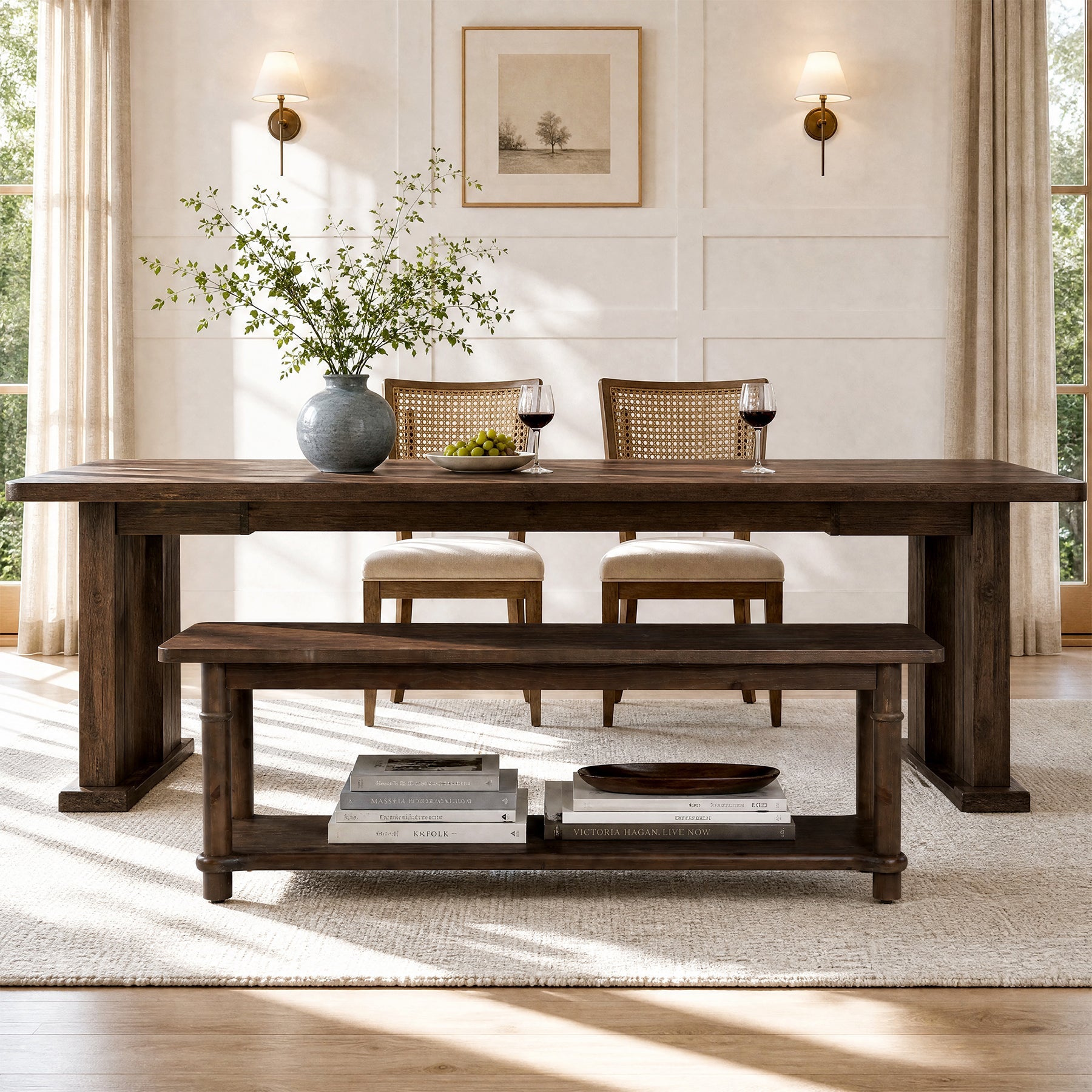 55" Farmhouse Dining Bench, Solid Wood 2-Tier, Kitchen Bench, Dining Room