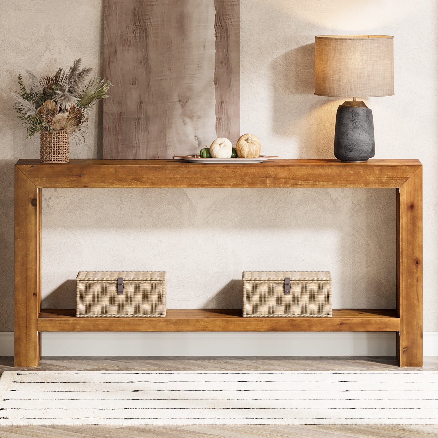 63" Solid Wood Console Table, 2-Tier Sofa Entryway Table for Hallway