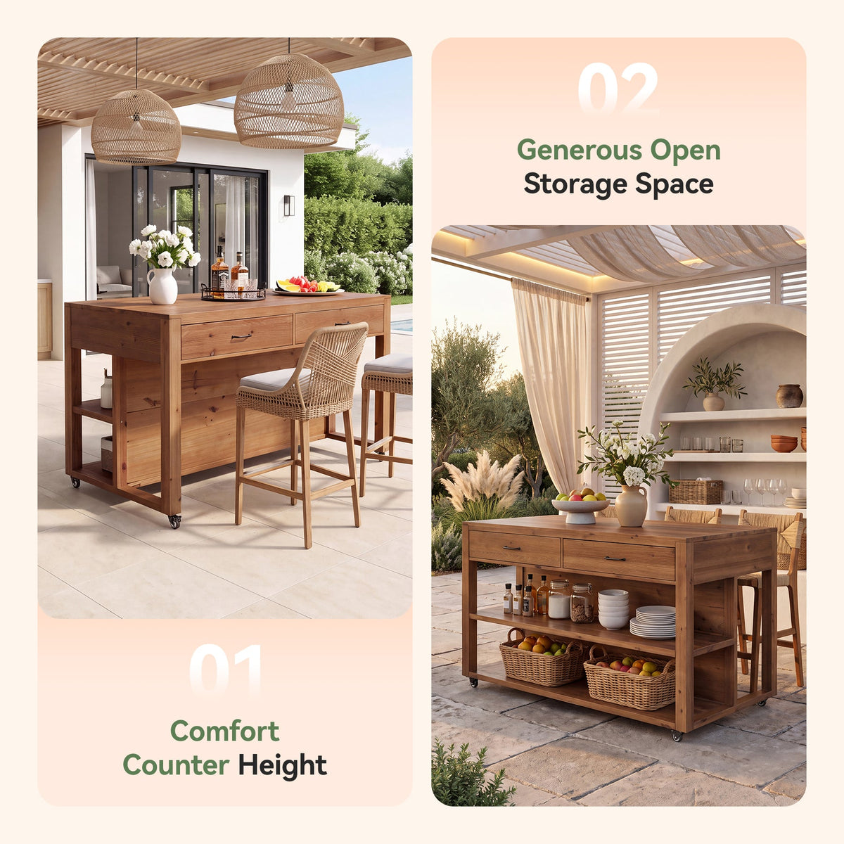 55" Rolling Kitchen Island, Solid Wood with 4 Drawers, Seating Space & Lockable Casters