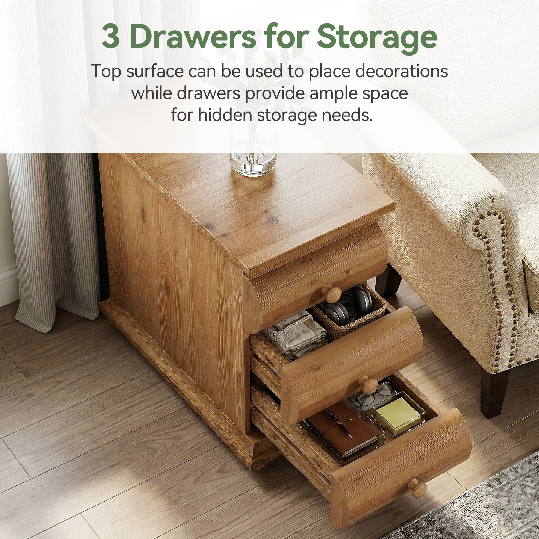 Solid Wood End Table with 3 Drawers, Narrow Side Table with Storage