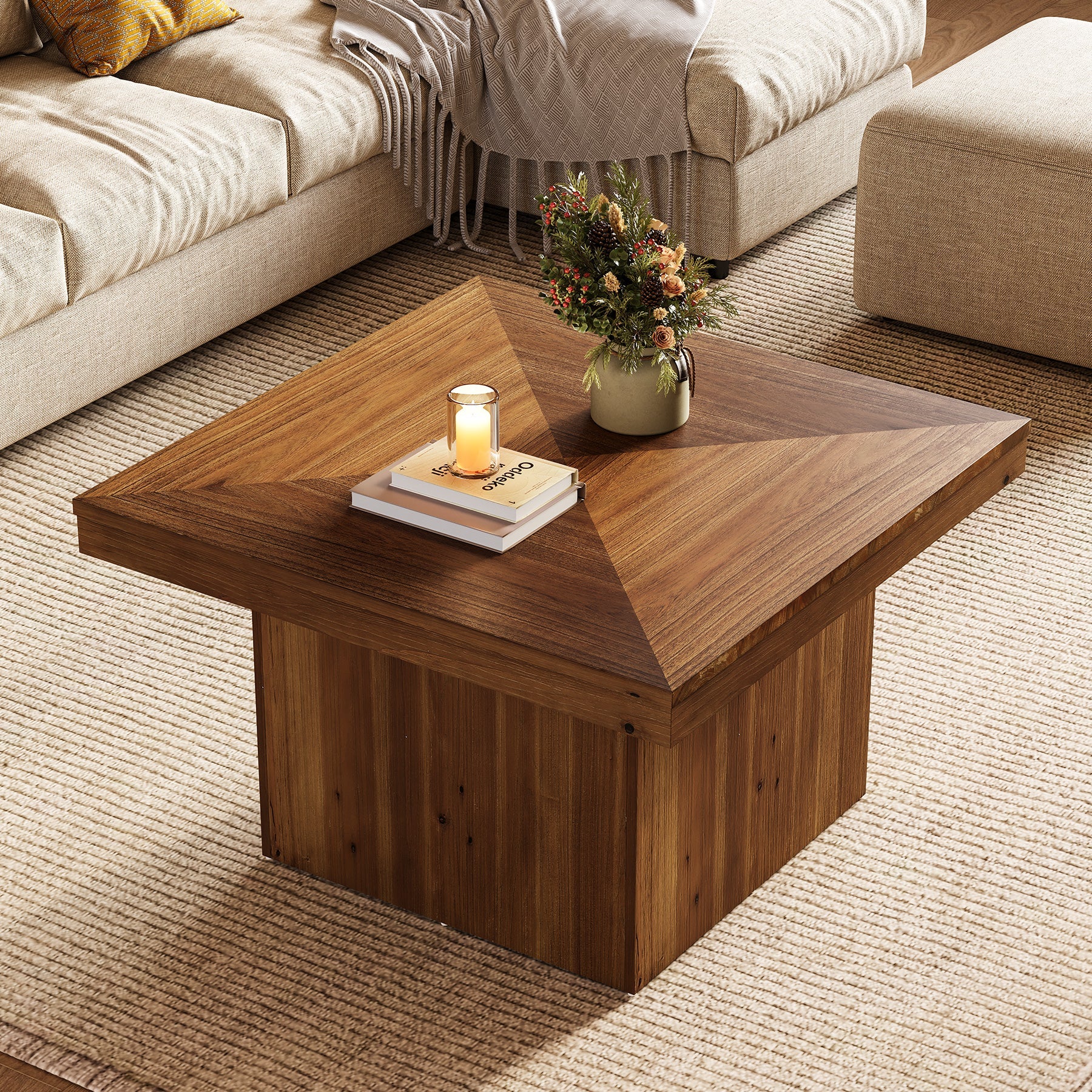 35.4" Wood Coffee Table, Modern Square Center Cocktail Table