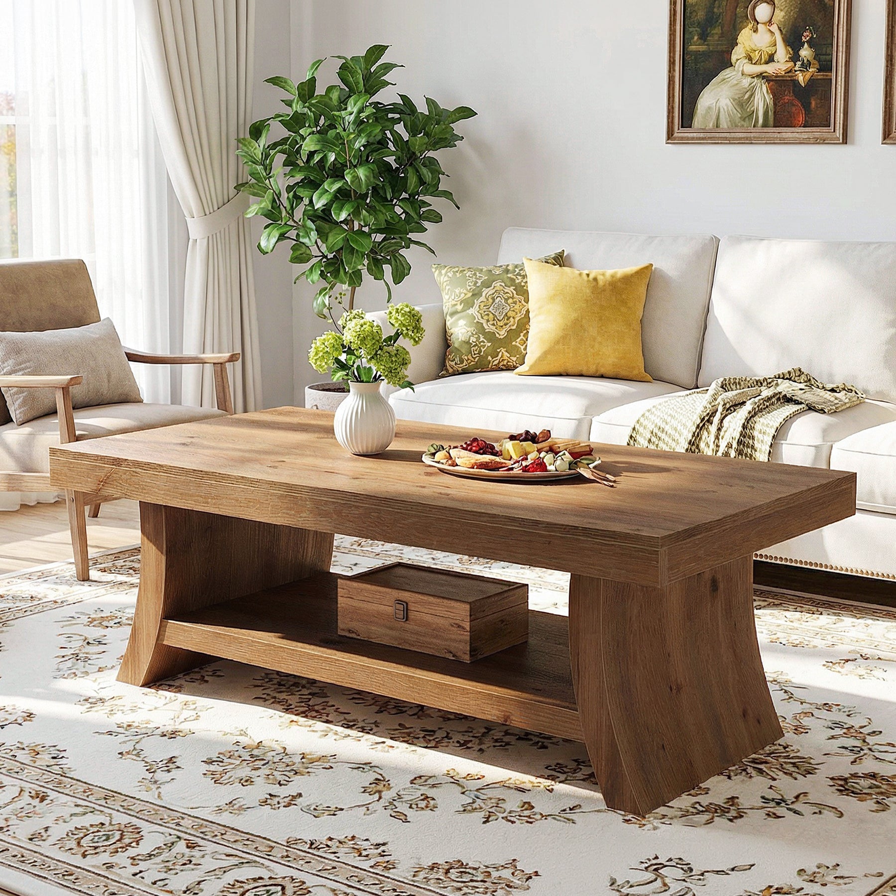 Solid Wood Coffee Table with Storage Shelf, 47.2" Center Table with Curved Base